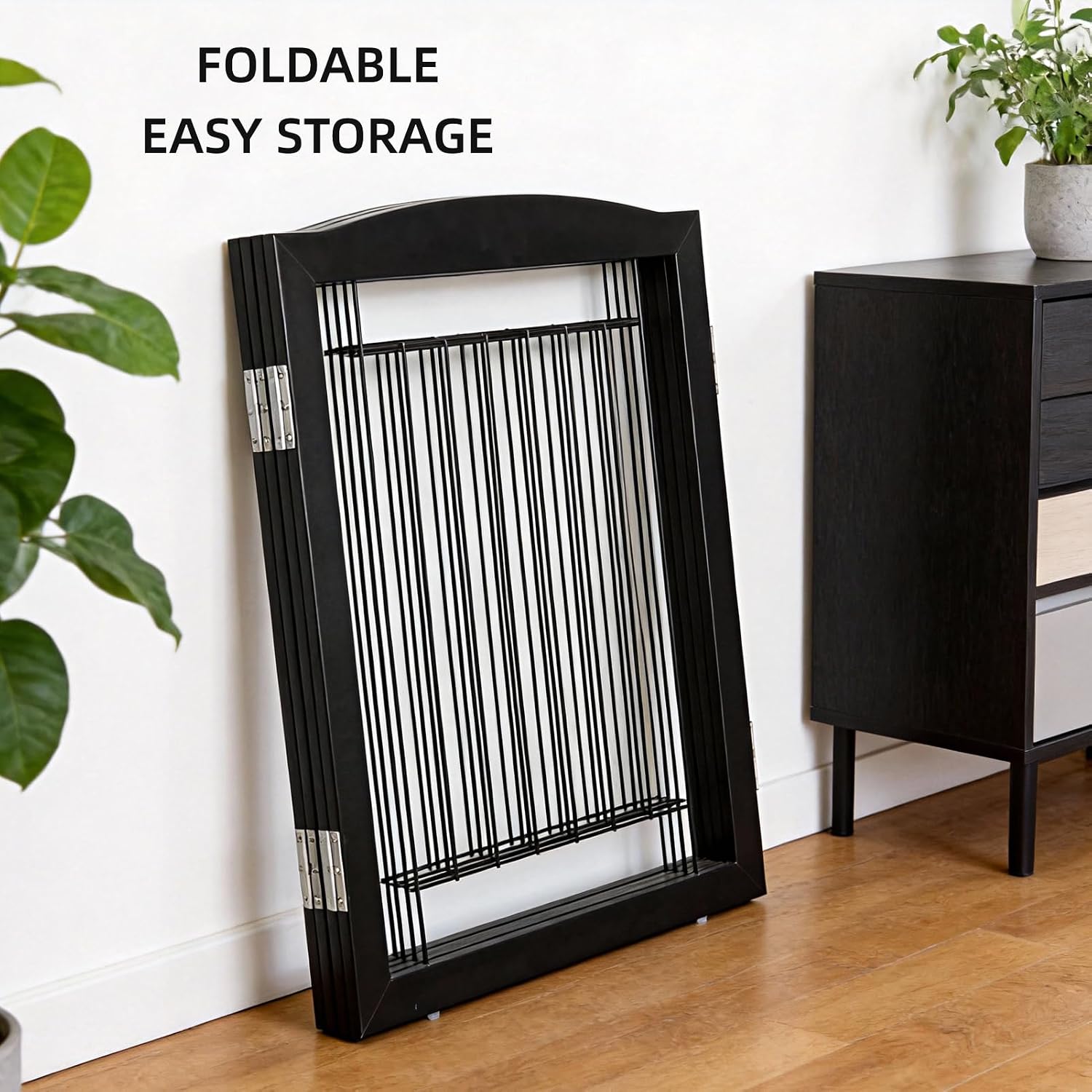 Dog Fence Indoor,Dog Gate Indoor for Doorway pet gate -4-Panel Freestanding, Hallways, House or Stairs -80x24-Inch Retractable Foldable Expandable Wood Pet by SFJC (Black)