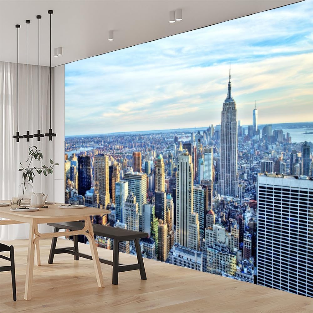 City Skyline 3D Wall Murals, Skyscraper Peel and Stick Self-Adhesive Wallpaper Removable Wall Decor for Living Room Bedroom TV and Sofa Background,169.3" W x118.2 H
