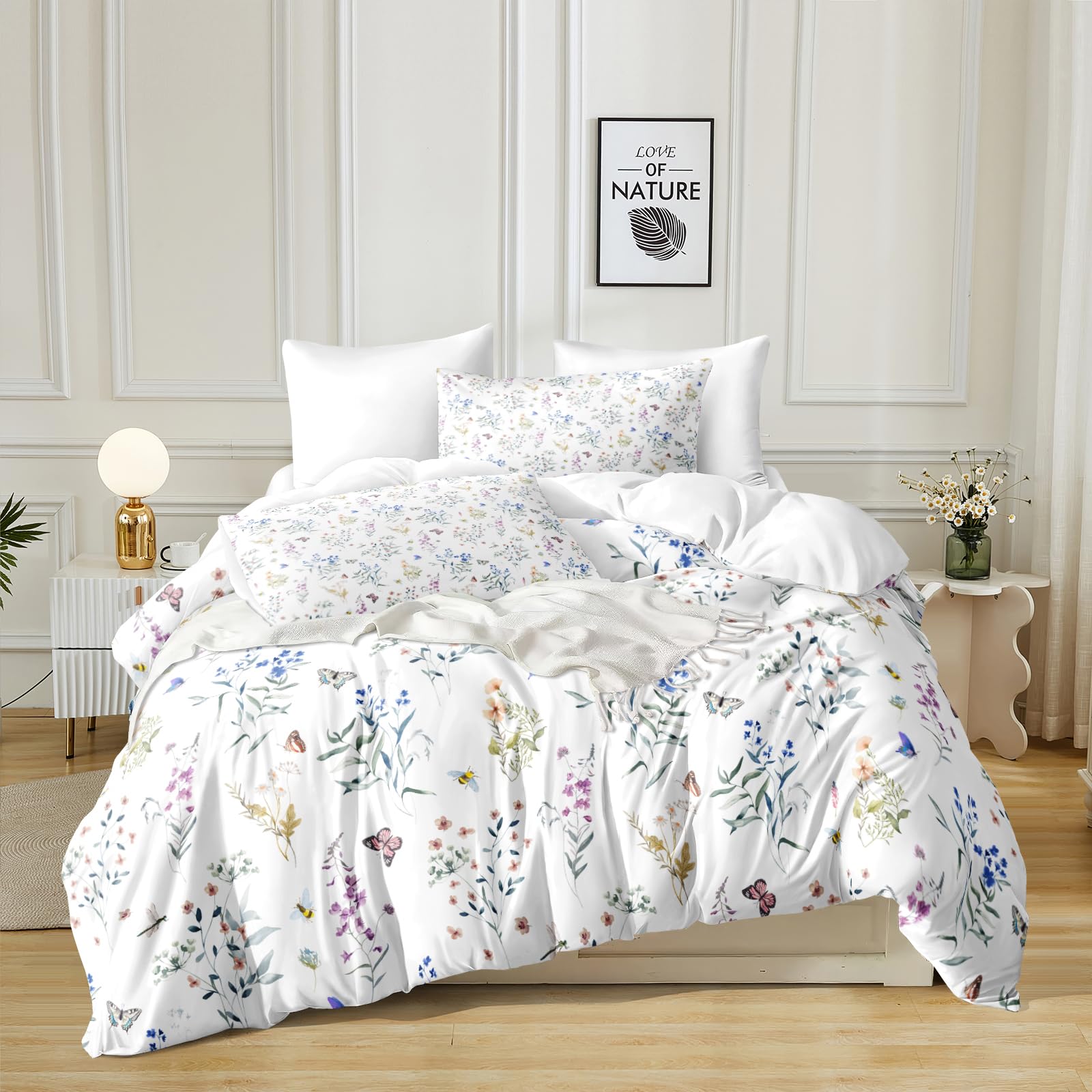 Herside Plants Duvet Cover Set Double White Floral Bedding Lavender Plants Printed Pastoral Style Bedding Sets 1 Quilt Cover 2 Pillowcases (White, Double)