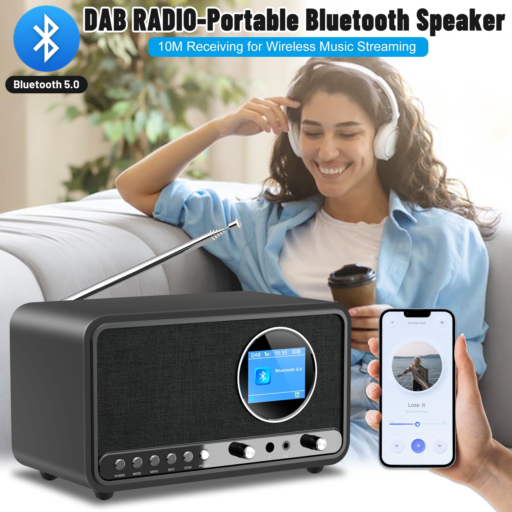 Radio DAB Plus FM Bluetooth Digitale da Cucina con Telecomando e Sveglia Snooze USB Aux Nero