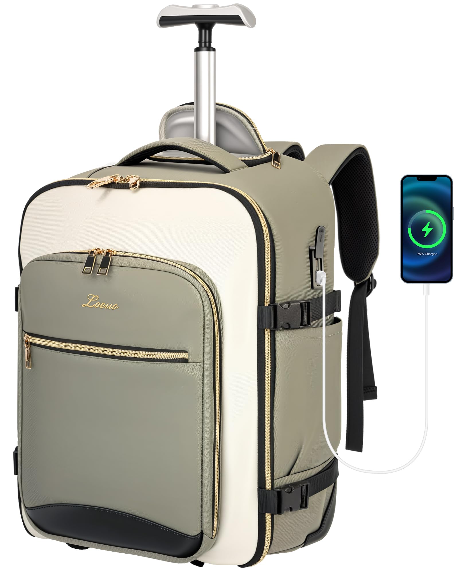 LOEUO Carry On Backpack with Wheels for Adults, Airline Approved Rolling Backpack for Women, Foldable Bottom Travel Laptop Backpack