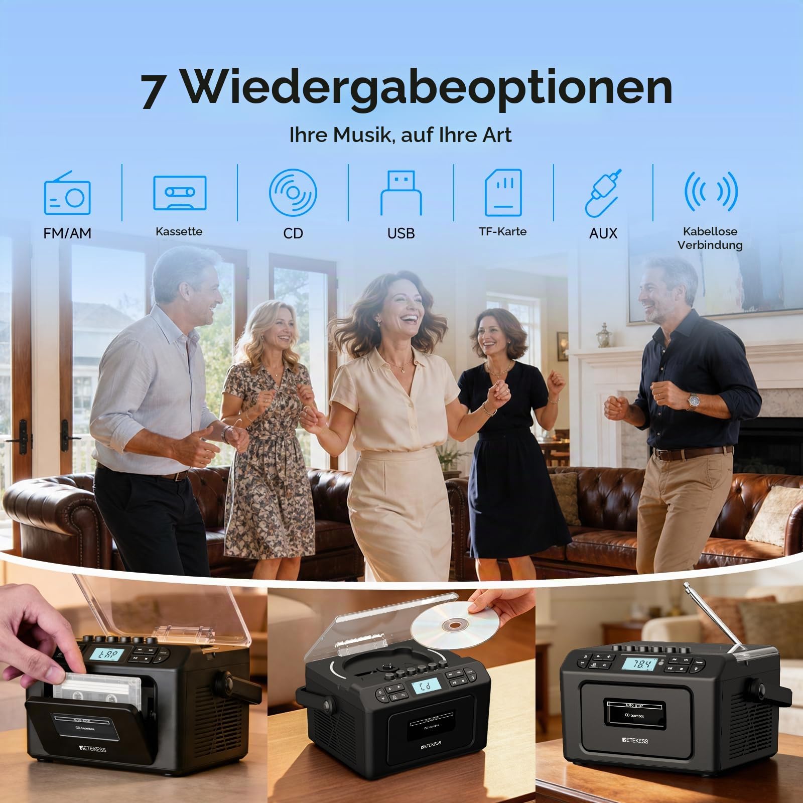 Retekess TR642 CD Player mit Kassette, Boombox Kassettenspieler