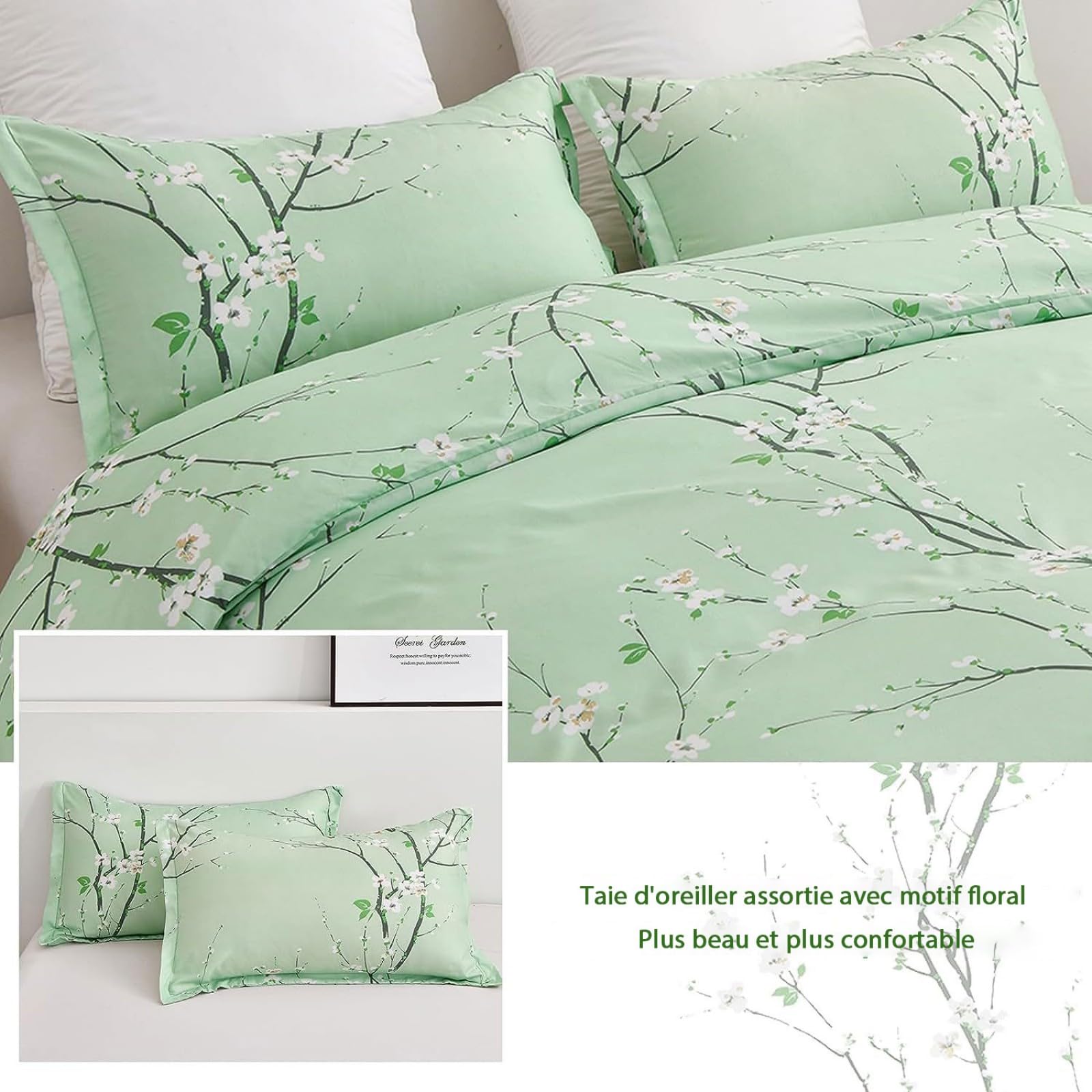 Freyamy Housse de Couette Floral 220x240+2 Taie d'oreiller 65x65cm Vert Clair Fleurie Imprimé Parure de lit 2 Personnes Adulte Fleurs Sets de Housse Couette en 100% Microfibre avec Fermeture Éclair