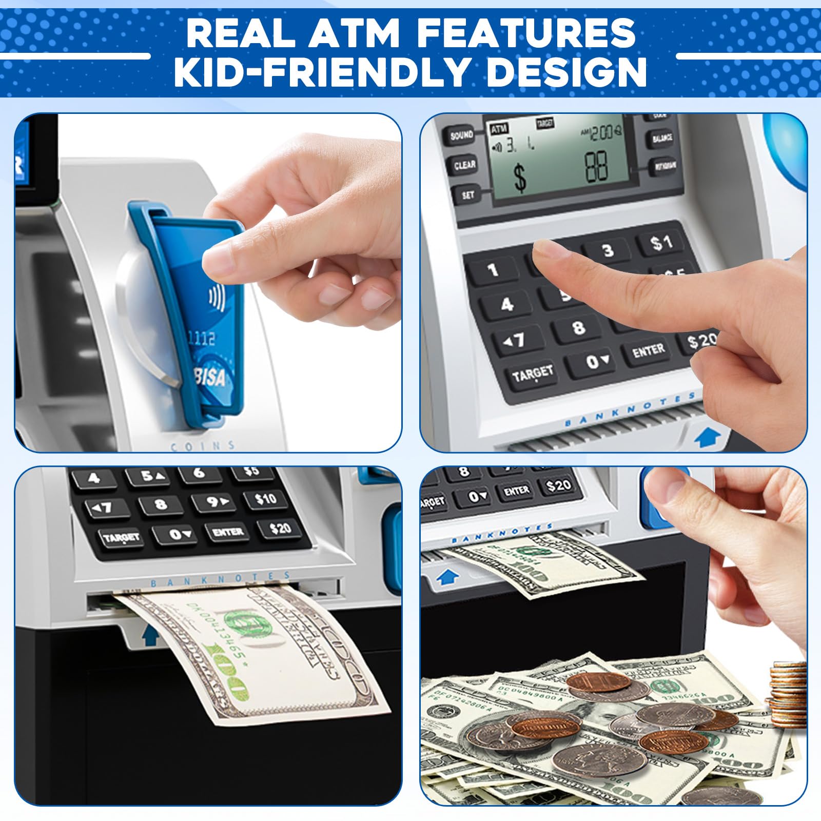 Roadtime ATM Hucha, Mini Cerdo ATM, Caja de Ahorro para Monedas y Billetes, Cofre Reutilizable, Guardacambios con Tarjeta de Débito, Caja de Ahorro Inteligente con Contraseña