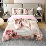 Ballet Dancer 100&percnt; Natural Cotton Bedding Set King Size Pink Ballet Shoes Duvet Cover Artistic Gymnastics Comforter Cover Girly Roamntic Rose Bedspread Cover with 2 Pillowcases&lpar;No Comforter&rpar;