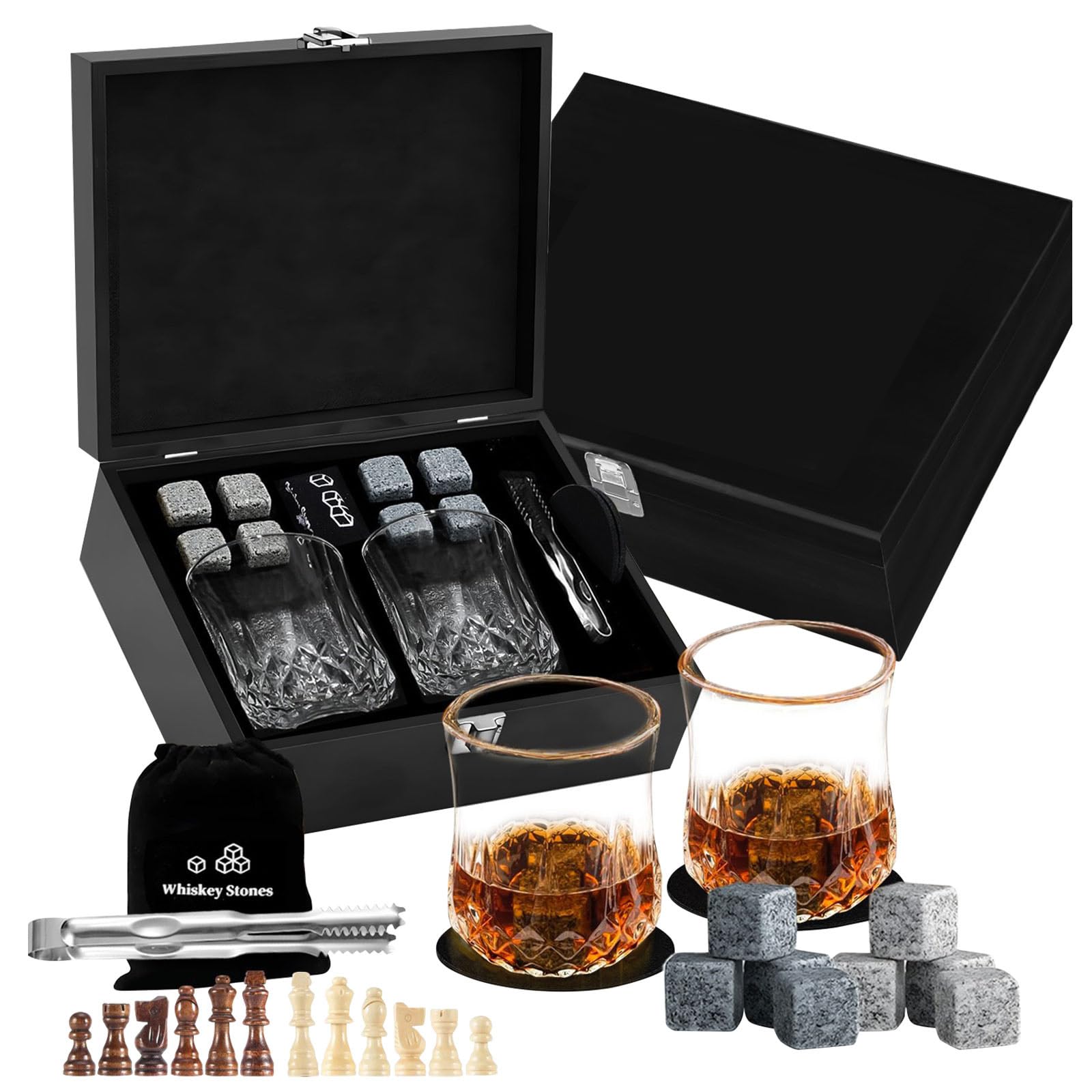 Oxxggkao Sophisticated Whiskeys Stone Gifts Bundles Including 2 Crystal Glasses and Chess Game Box for Adults Whiskeys Glasswares Set with Ice Stone