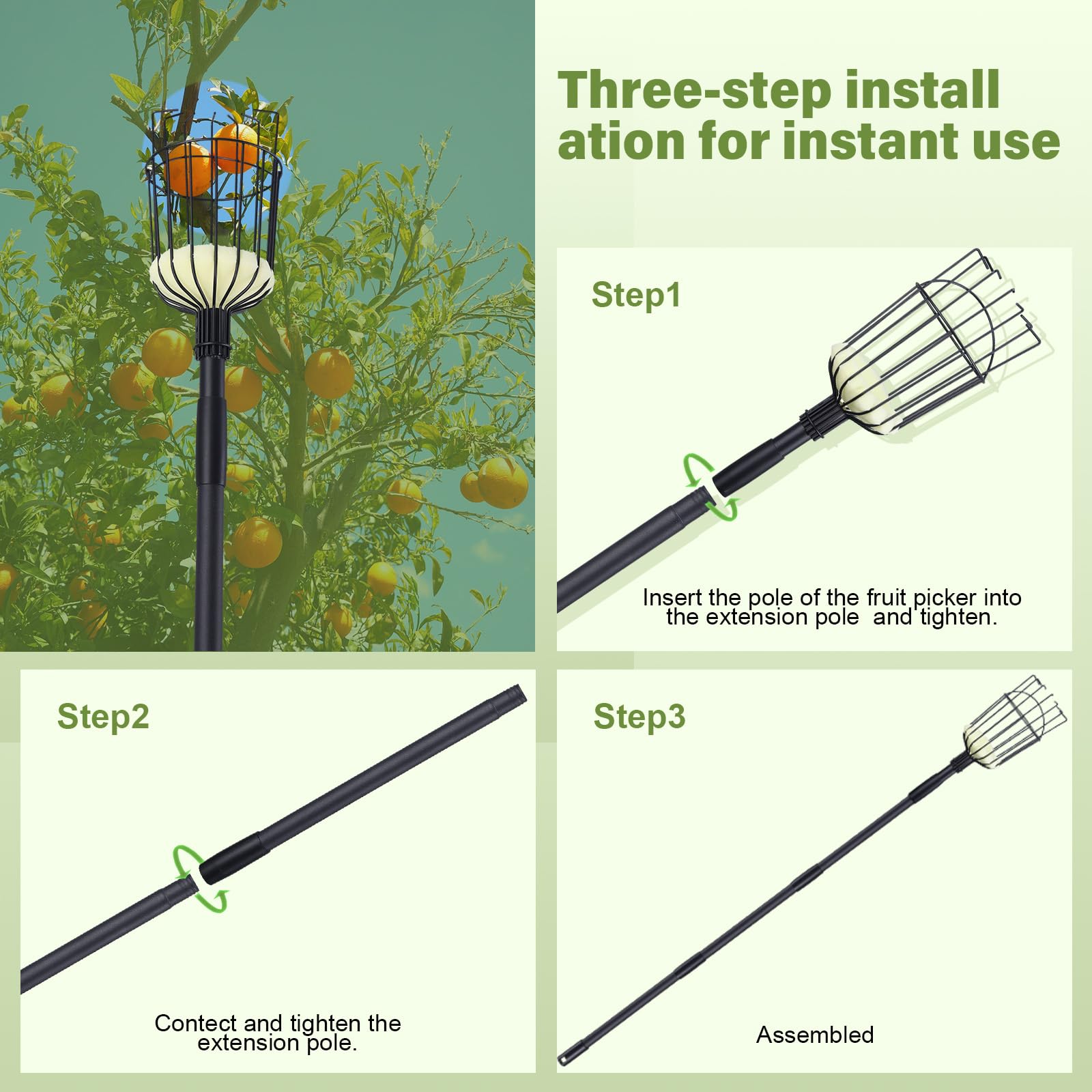Recogedor de Frutas Ajustable de 115cm a 257cm, Recolector de Frutas, Palo para Recoger Manzanas, Duraznos,Peras