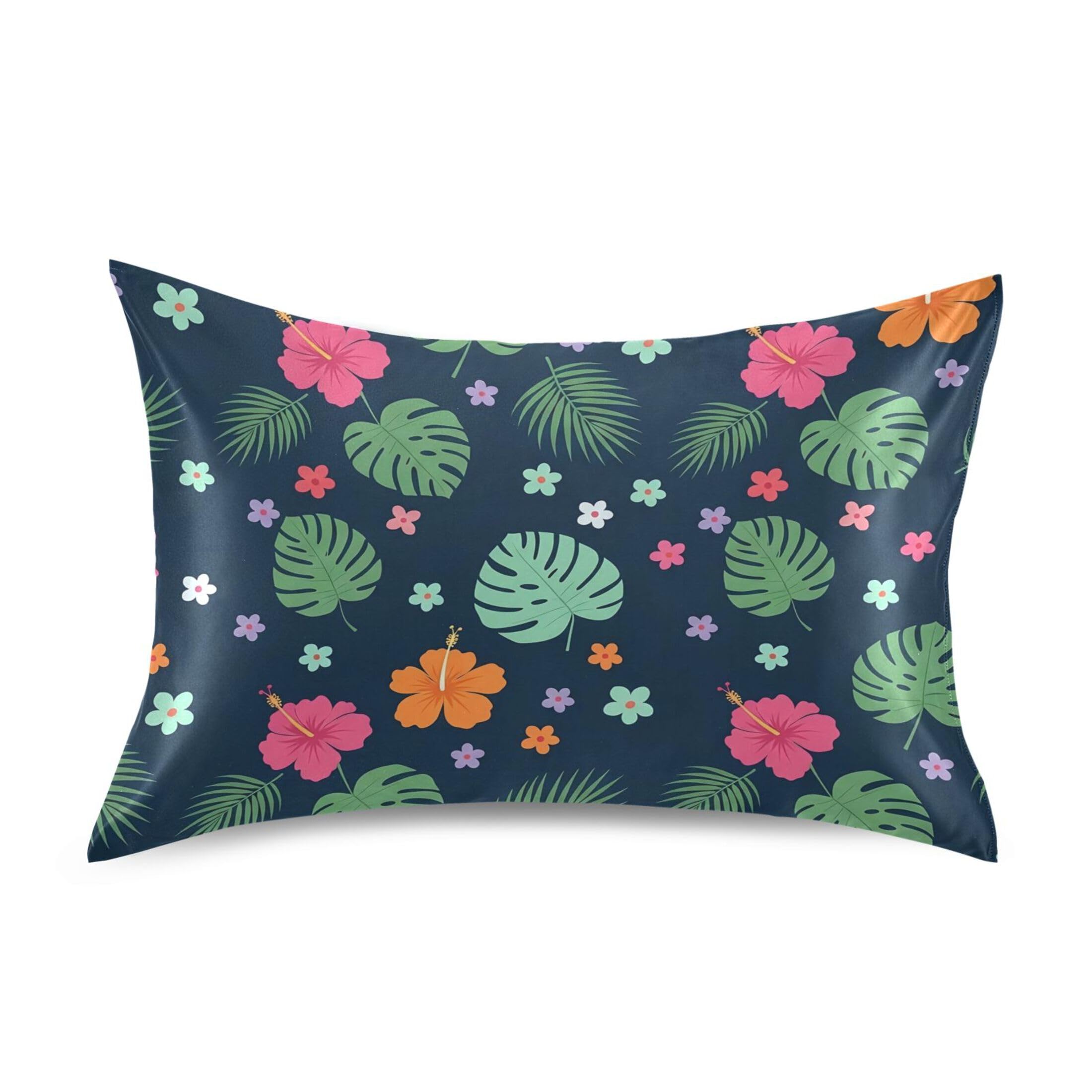 Fuauuyl Pillowcase Standard Size 20x26 in, Hibiscus Monstera Leaves Soft Breathable Satin Pillow Case for Hair and Skin with Envelope Closure Wrinkle-Free