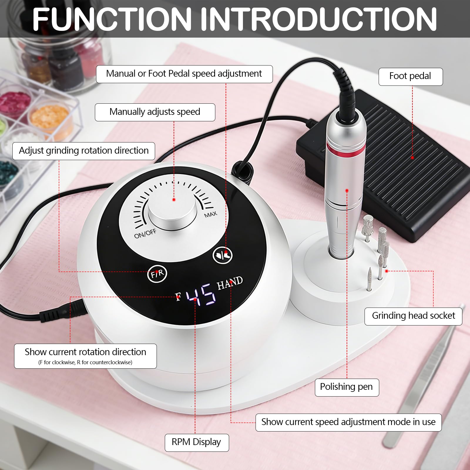 Taladro de Uñas, Torno para Uñas Profesional de 45000 RPM Para Uñas de Gel Juego de Manicura Eléctrico con Pedales Pantalla LED 6 Brocas para Uso Doméstico y Salones de Uñas