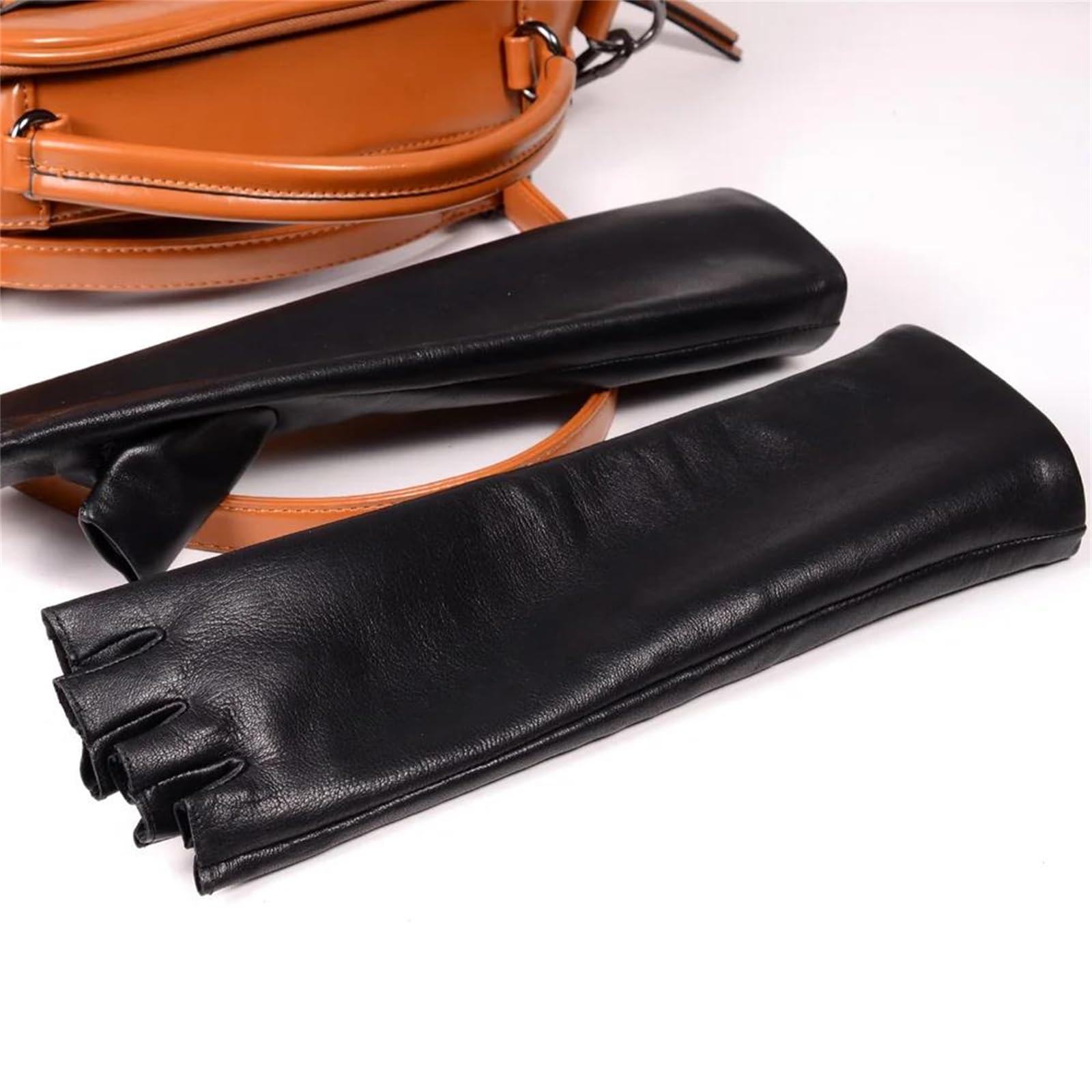 Guantes largos de piel de oveja auténtica para mujer, con medio dedo, longitud de ópera, formal, para fiesta de noche