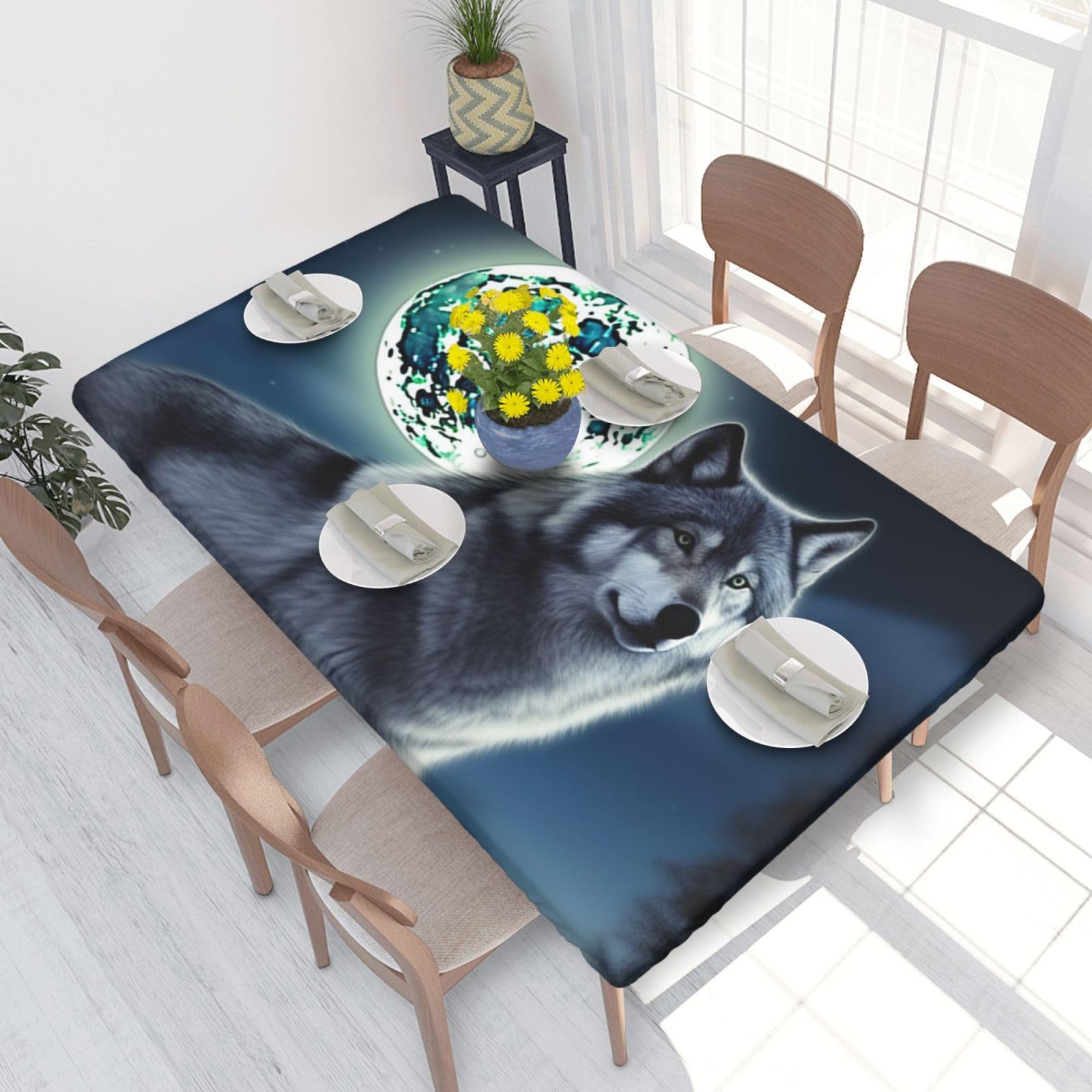 Wolf Under Moon Waterproof Square Table Cover Elastic Fitted Tablecloth Oil Proof Table Protector For 4ft Table