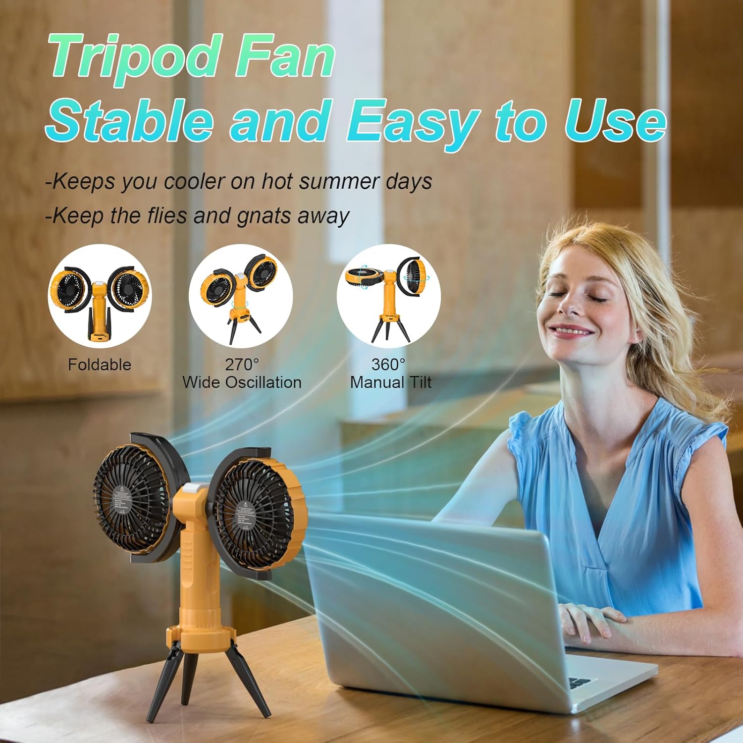 SoulBay Outdoor Camping Oscillating fan, Cordless Rechargeable Battery Tripod Tent Fan with LED Lantern Hook 4 Powerful Speeds 270° Dual Head Oscillation for Patios Garage RV Travel Home Blackout