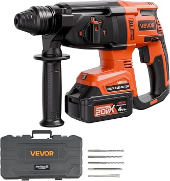 VEVOR 1 SDS-Plus Rotary Hammer Drill, 20V Brushless Cordless SDS Hammer Drills, 4.0Ah Lithium-Ion Battery Powered,3.0A Fast Charger, 4 Modes,Rotomartillo for Concrete,1200 RPM, 5300 BPM