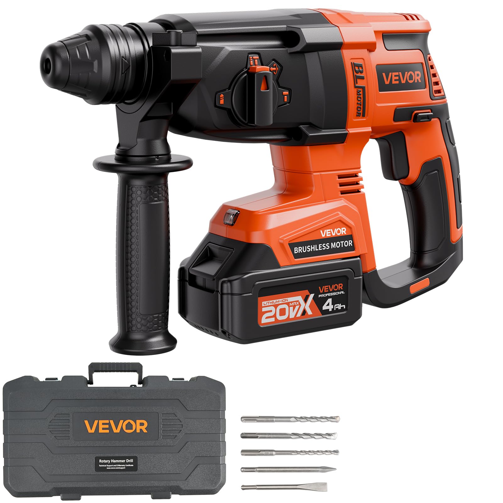 VEVOR 1" SDS-Plus Rotary Hammer Drill, 20V Brushless Cordless SDS Hammer Drills, 4.0Ah Lithium-Ion Battery Powered,3.0A Fast Charger, 4 Modes,