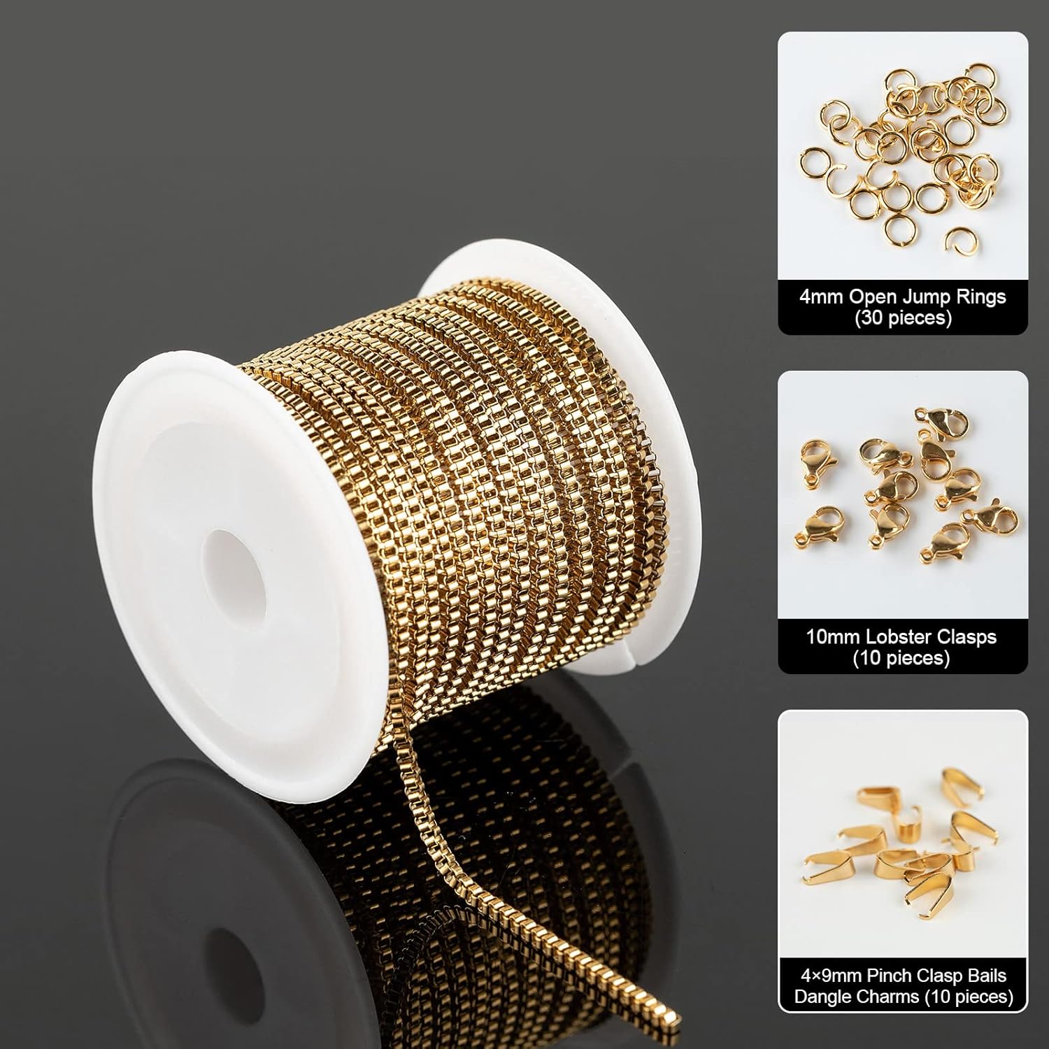 UMAOKANG 16.4 Feet Gold Stainless Steel Box Chains for Jewelry Making Necklace DIY Craft Link Chain Bulk with Lobster Clasps Jump Rings Pinch Clip Clasp for Men Women - Image 2