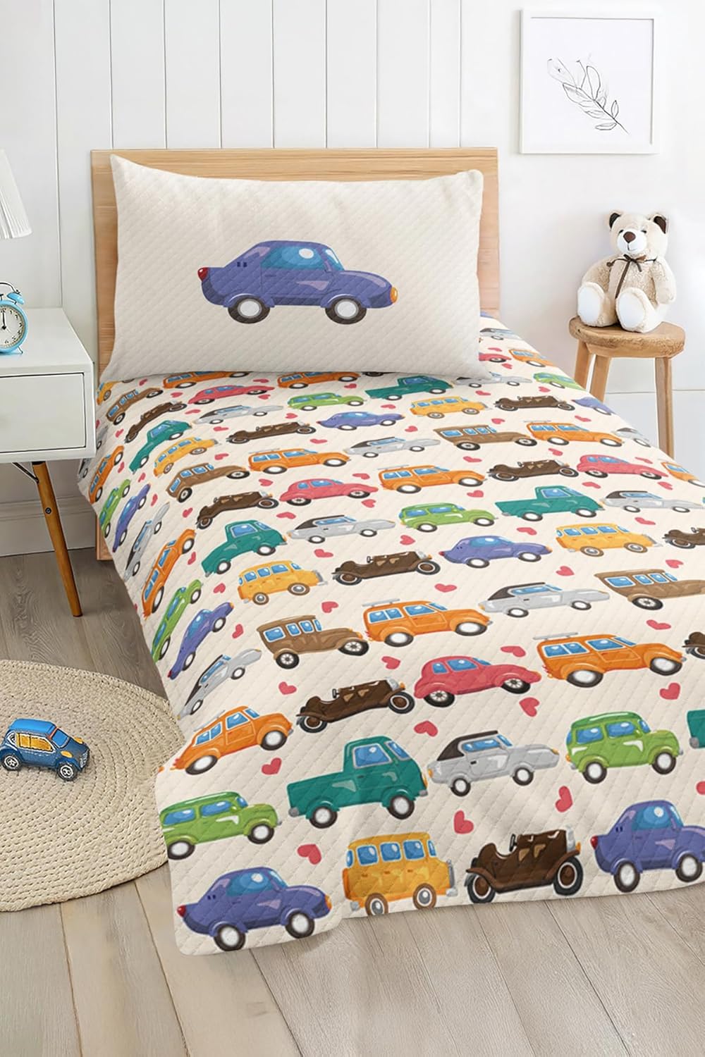 SODEF Quilt Set Twin Size Cute Vehicle Design for Kids and Teens, Lightweight Cotton Polyester Blend, Includes Quilt and Pillowcase, Breathable, Multicolor - Multicolor, One Size