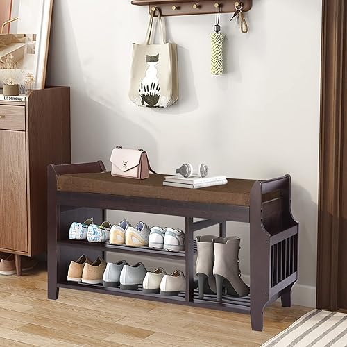 Miniatura 11 de Banco de zapatos de bambú con 3 ganchos laterales, cojín gris extraíble, almacenamiento de zapatos de entrada de 2 niveles, 37.4 x 11.4 x 19.3