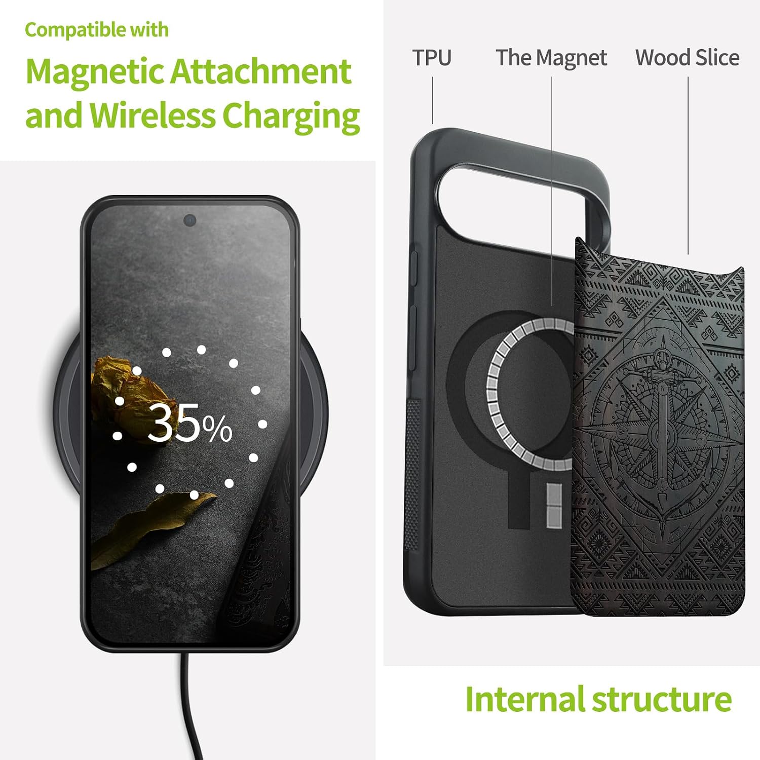 Carveit Magnetic Wooden Case for Google Pixel 10 Pro XL Case, Wood Artisan Engraved & Soft TPU Shockproof Cover, Compatible with MagSafe Wireless Chargers (Zendoodle Geometry Nautical) Blackwood