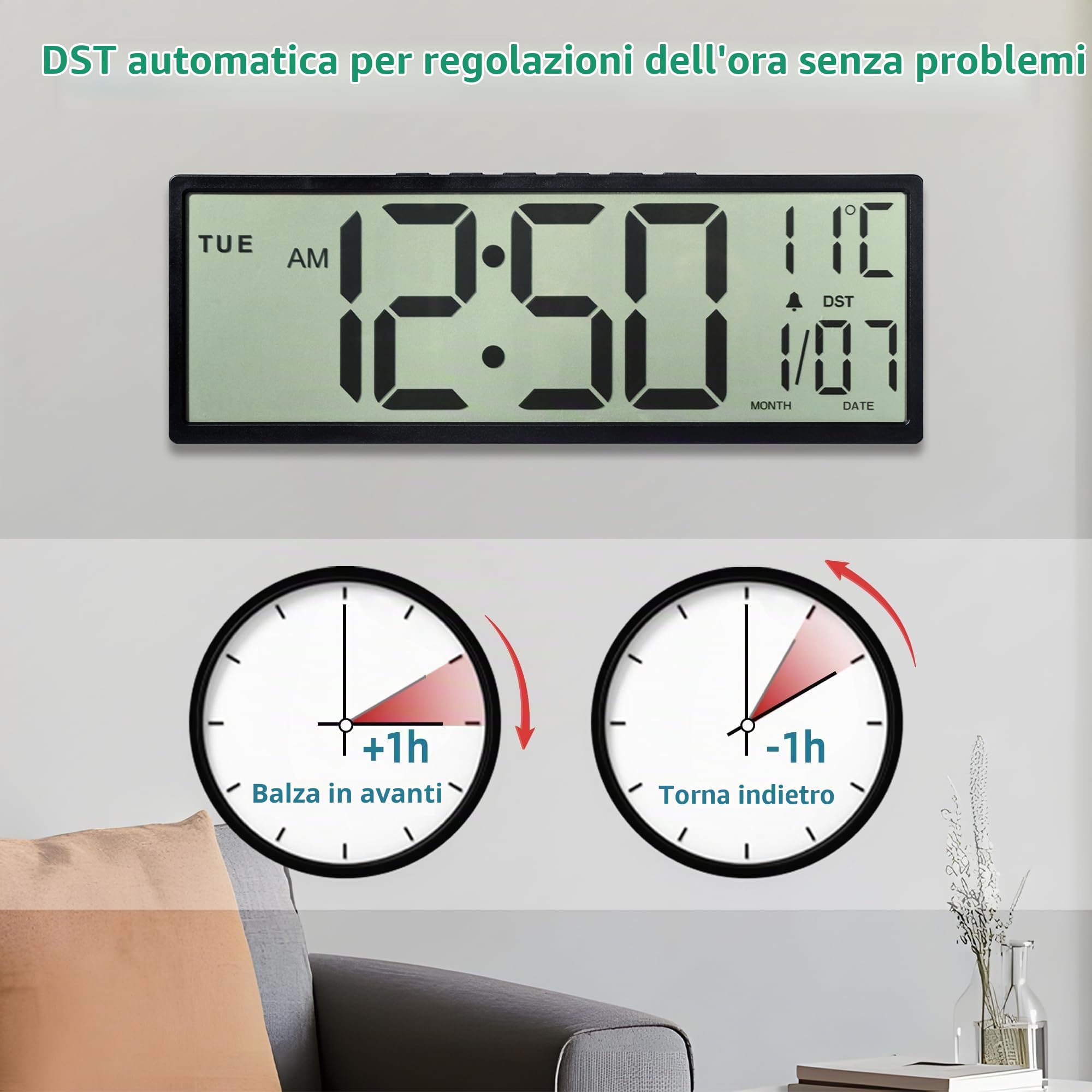 Orologio Da Parete Digitale, 15" Orologio Digitale Da Parete Grande Con Data E Giorno Della Settimana, Temperatura, Cambio Automatico Dell'Ora Legale, 12/24 Ore, Allarme, Funzione Snooze