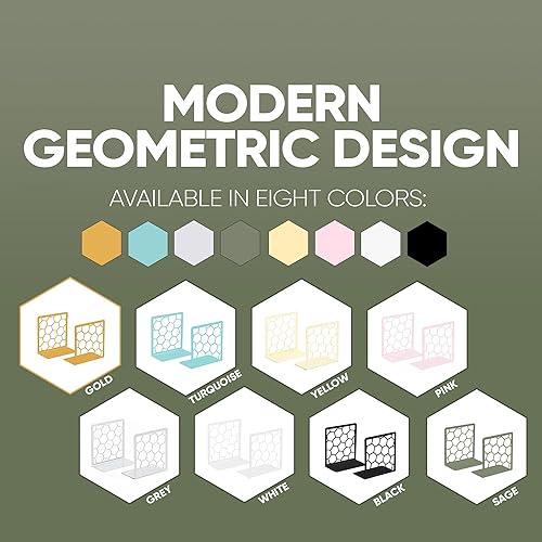 Miniatura 6 de GEOMOD Sujetalibros geométricos de metal salvia con forma de panal de abeja, extremos altos y resistentes para estantes, moderno y resistente,
