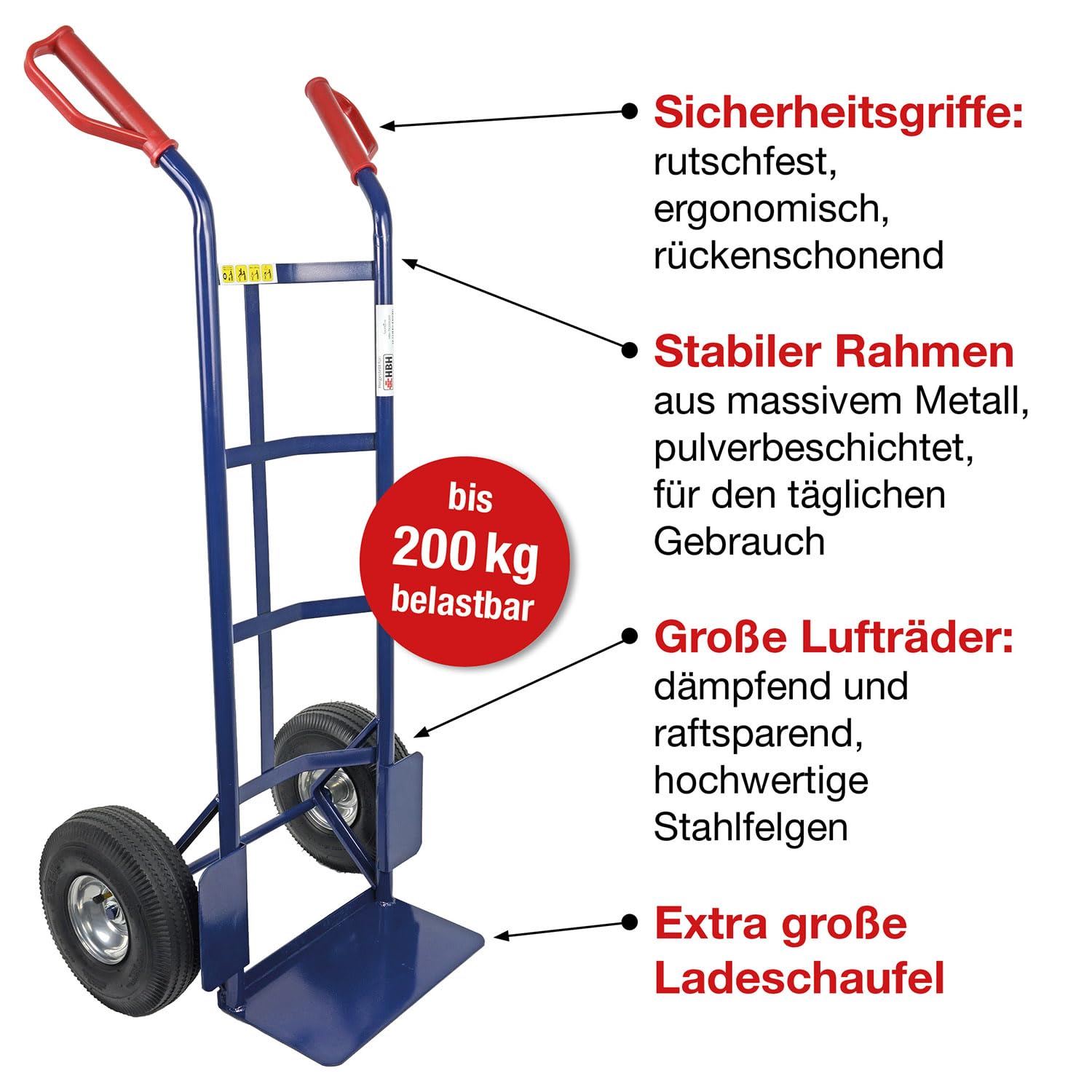 HBH Sackkarre 200kg Luftreifen TK200LU01 Transportkarre, blau, hochwertiges Luftrad Stahlfelge, kugelgelagert robuster Stahlrohrrahmen, Sicherheitsgriffe, ideal für Haus, Garten, Werkstatt & Umzug