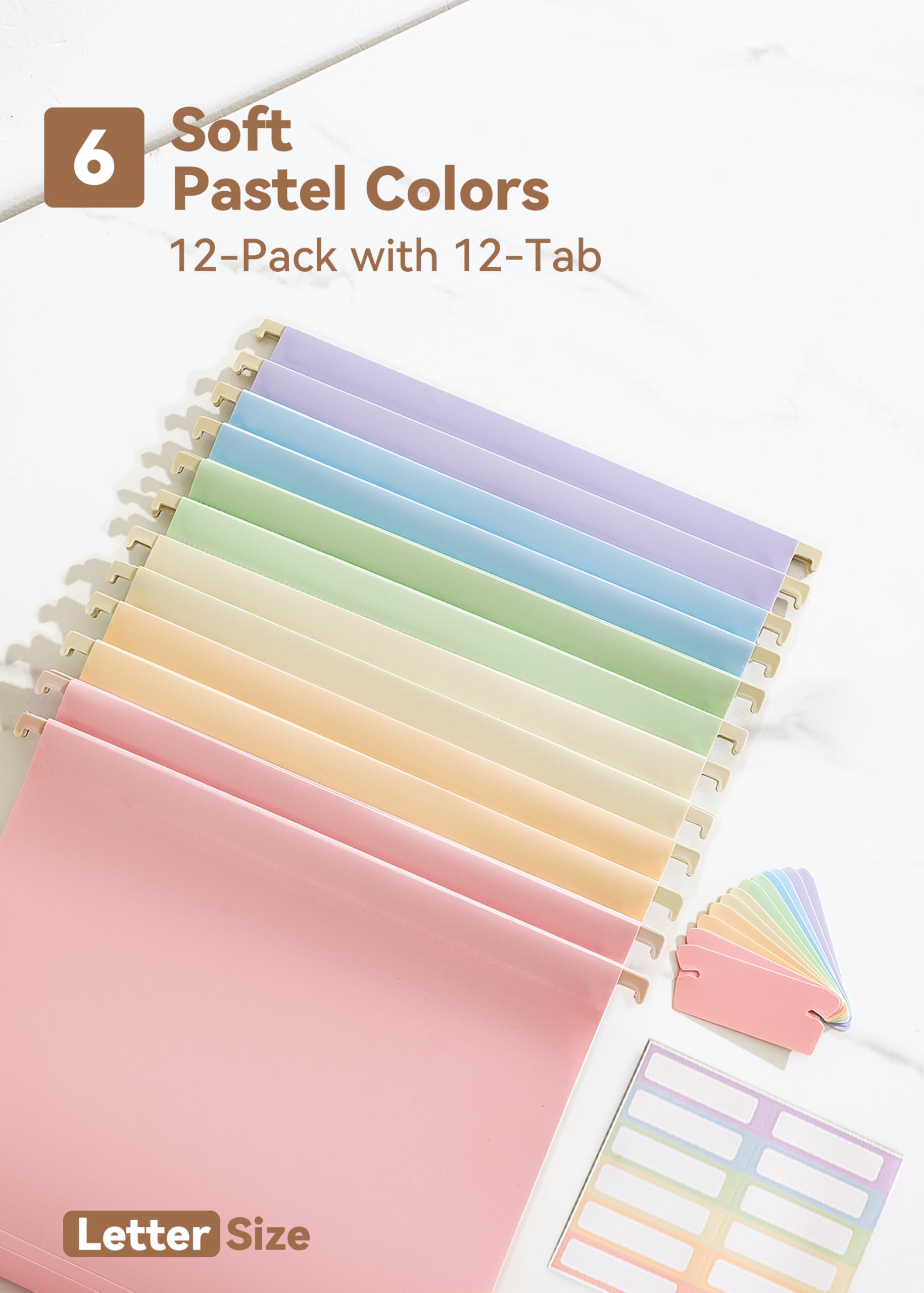 SortRax Plastic Hanging File Folders, Letter Size, 12 Pack  Hanging Folders, with Insertable 1/5-Cut Tabs for Filing Cabinets: Pastel