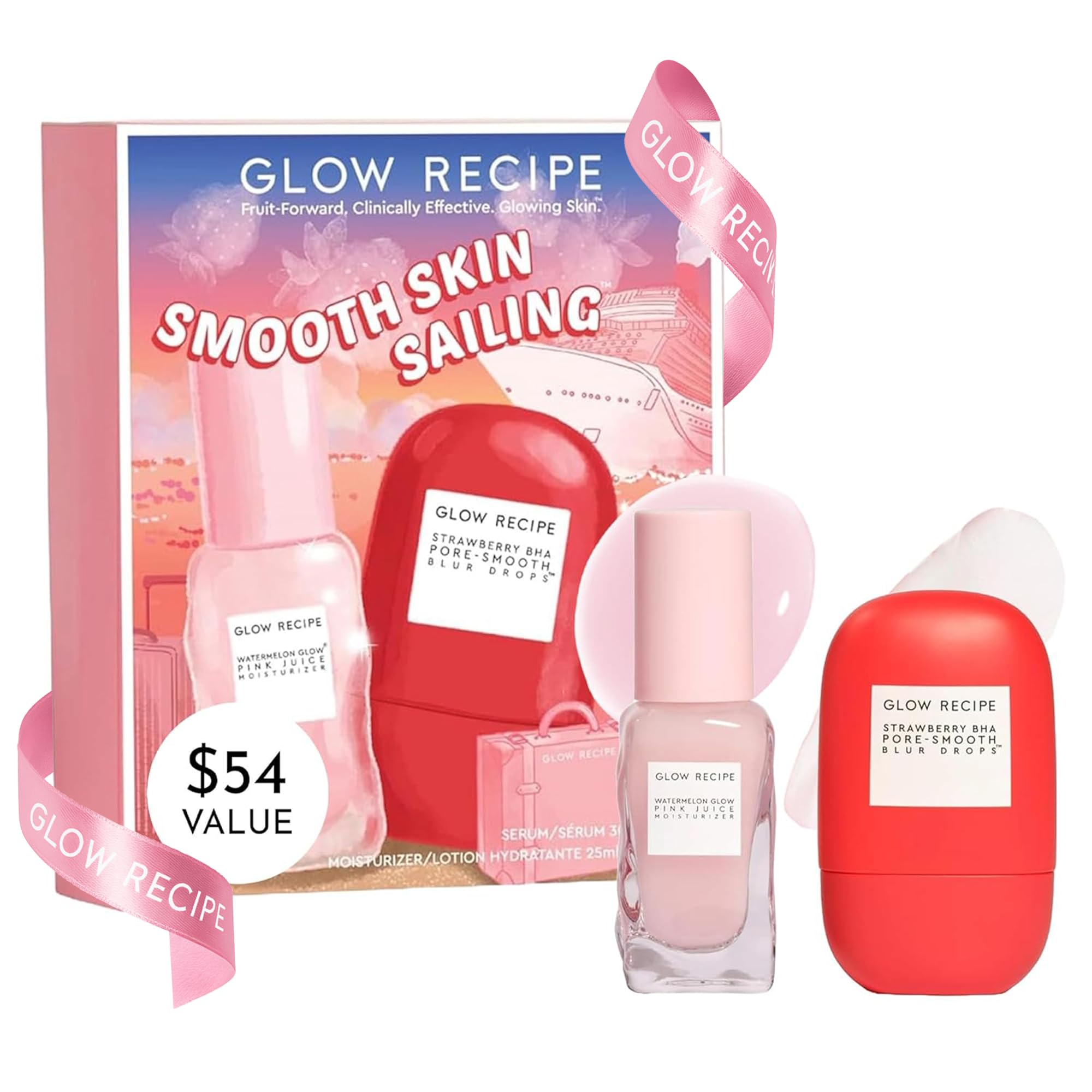 Glow RecipeSmooth Skin Sailing Skincare Set - Watermelon Glow Pink Juice Facial Moisturizer + Silicone-Free BHA Strawberry Pore Minimizer Blurring Drops (2 Count)
