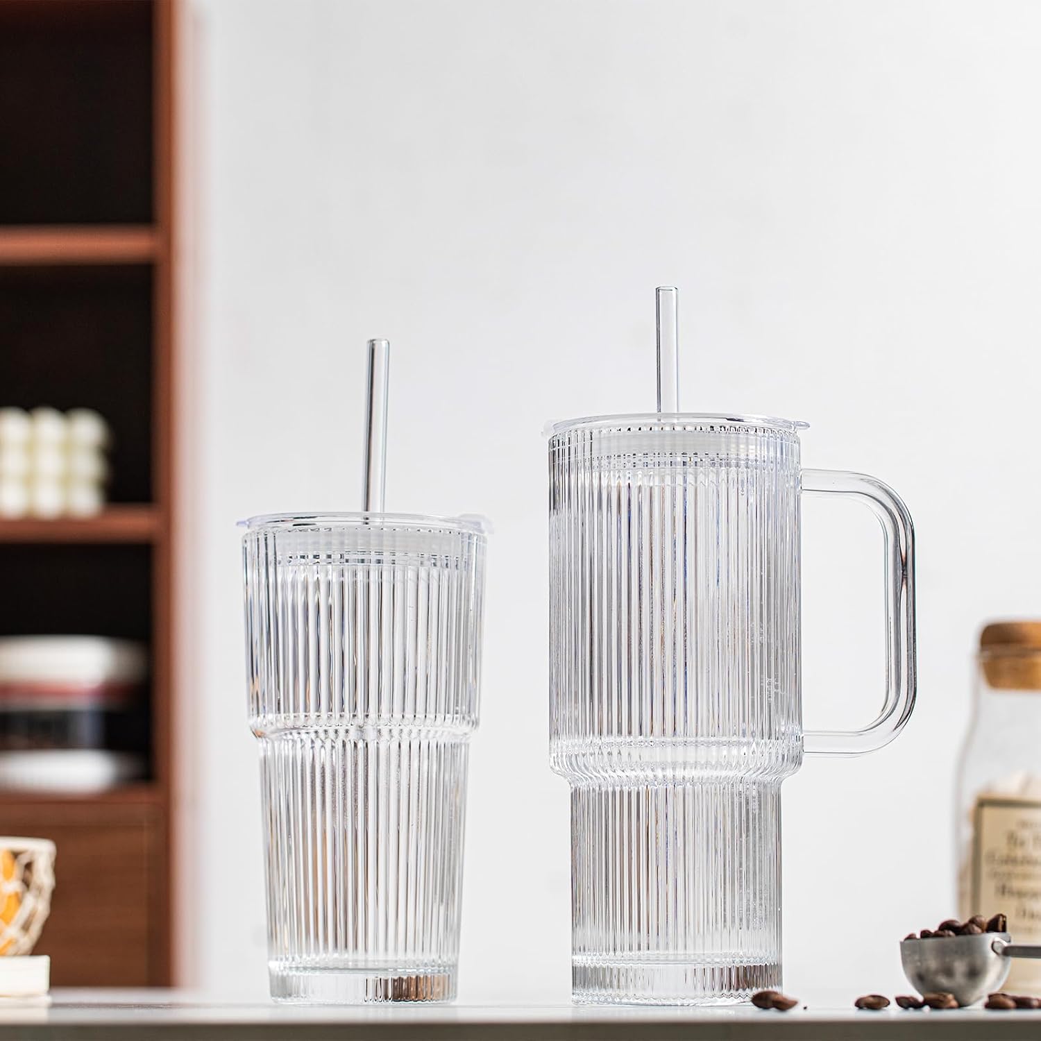 INSETLAN 26oz Ribbed Glass Tumbler with Handle & Lid – 2-Pack Large Iced Coffee Cups with Straws, Modern Glass Mug for Cold & Hot Beverages, Aesthetic Travel Cup for Smoothies, Tea, and Juice - Image 7