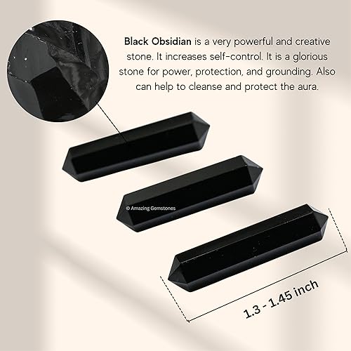 Miniatura 4 de Puntos de cristal de obsidiana negra, cristales curativos y piedras a granel, paquete de 3 puntas curativas de doble terminación, cristales a granel