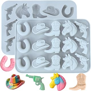 Cowboy Chocolate Molds, 2 Pcs Western Silicone Candy Fondant Mold, Cowboy Hat Boot Horse Saddle Shaped Mould, for DIY Baking Cupcake Cake Party Desserts Decorations (Light Blue)