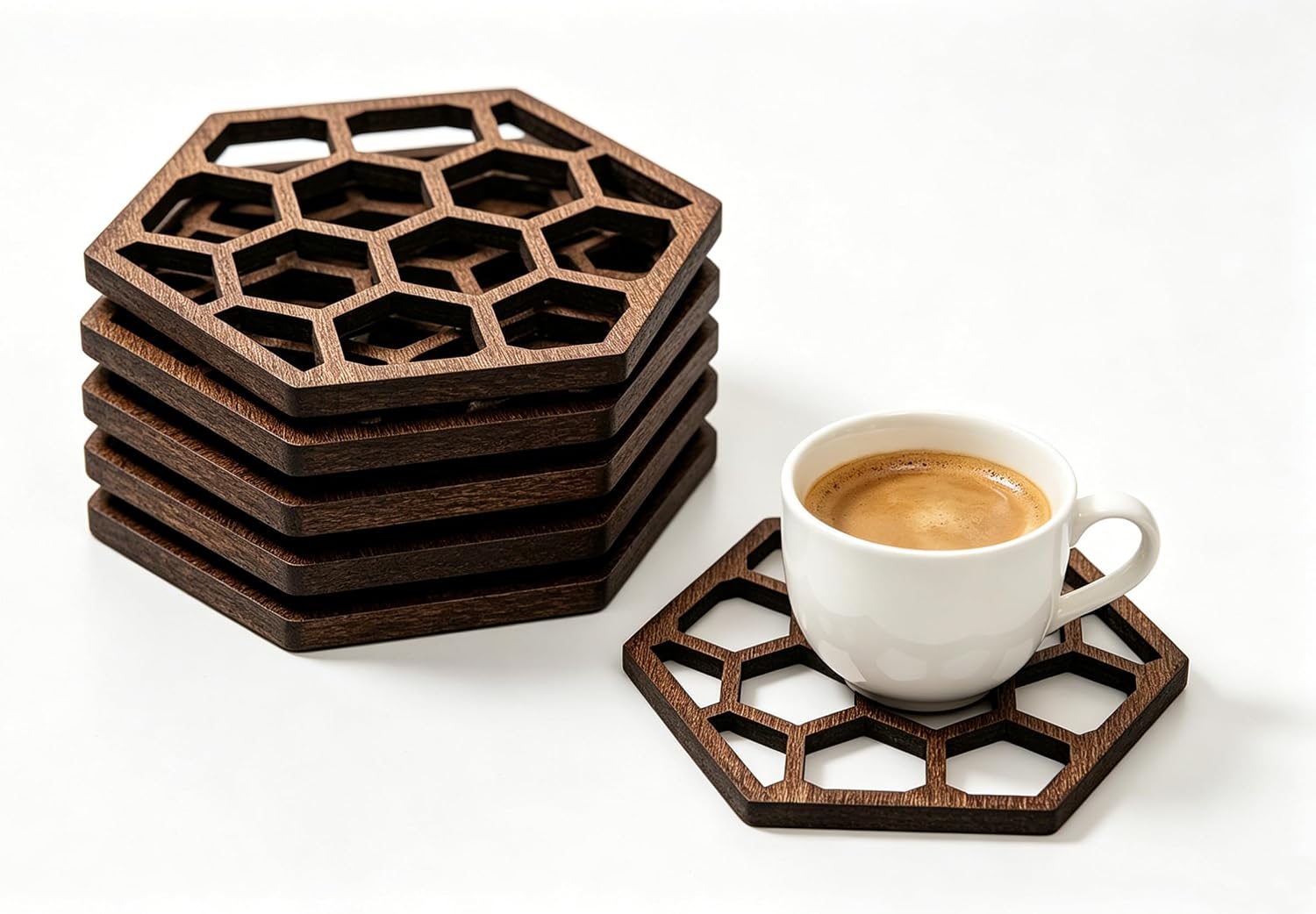 5 Pack Hollow Hexagon Wooden Coasters, Honeycomb & Bee Pattern Cup Pads, Decorative Wooden Wall Art Ornaments, Rustic Home Bar Decor & Housewarming Gift for Bee Lovers