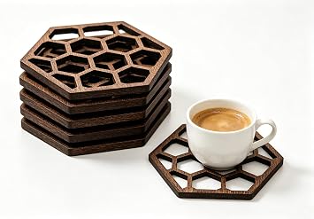 5 Pack Hollow Hexagon Wooden Coasters, Honeycomb & Bee Pattern Cup Pads, Decorative Wooden Wall Art Ornaments, Rustic Home Bar Decor & Housewarming Gift for Bee Lovers
