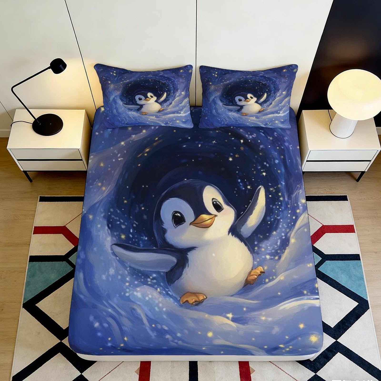 3D Printed Cute Penguin Fitted Sheet Microfiber Soft Breathable Starry Sky Bed Cover for Bedroom Dormitory Guest Room Mattress Protection Decor 90x200x25cm