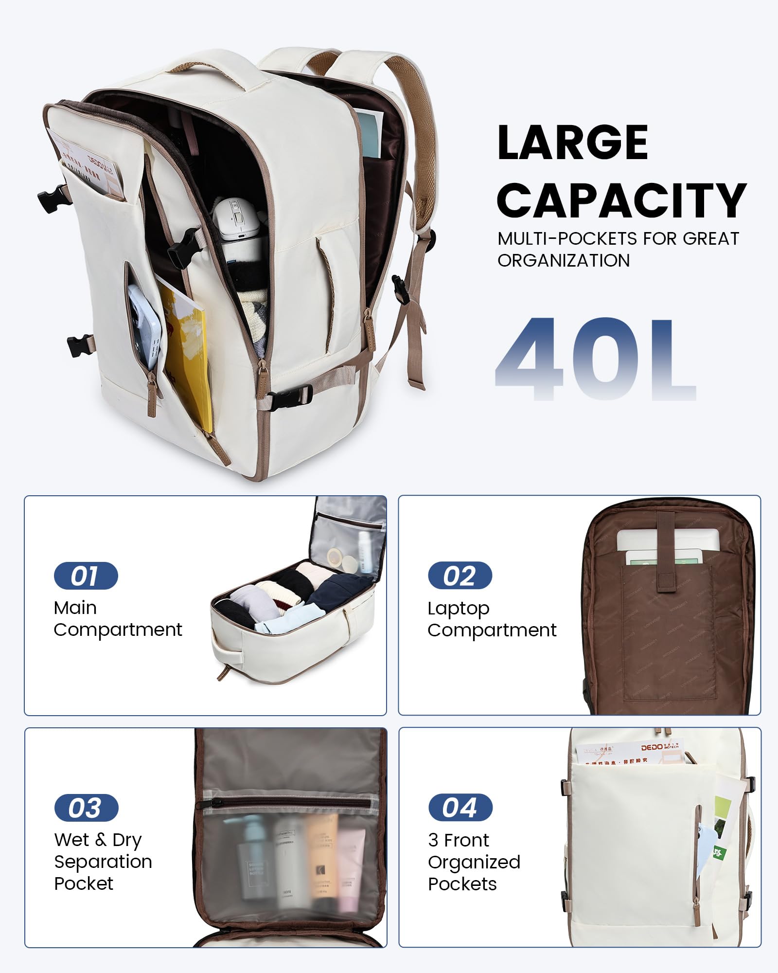 LOVEVOOK Zaino da Viaggio Aereo Bagaglio a Mano 40L Grande Borsa da Cabina per Voli Impermeabile Antifurto Zaino Viaggio Uomo Donna 17,3 Pollici Zaino Porta PC per Scuola Lavoro Trekking, Beige kaki