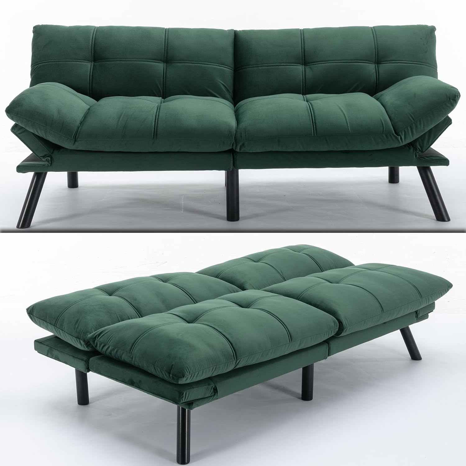 71" Velvet Futon Couch Bed with Mattress Included,Convertible Folding Sleeper Sofa Bed with Adjustable Backrests,Modern Loveseat Sleeper for Living Room Bedroom Small Space Home Office (Green)