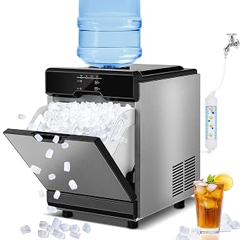 Nugget Ice Maker Countertop Dual Water Inlet Options, 60Lbs/24H Columnar Ice Maker Machine with Self-Cleaning, Pellet Chewable Crunchable Ice Machine with Ice Scoop&Basket for Home/Kitchen/Office