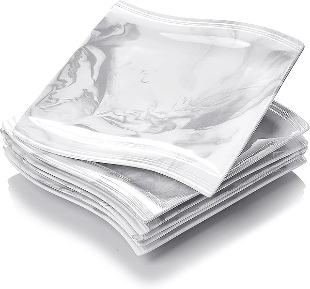 MALACASA Square Dinner Plates, 8.2" Plates Set of 6, Porcelain Side Plates Small Dessert Plates Salad Plates, Microwave & Dishwasher Safe, Marble Grey, Series Flora
