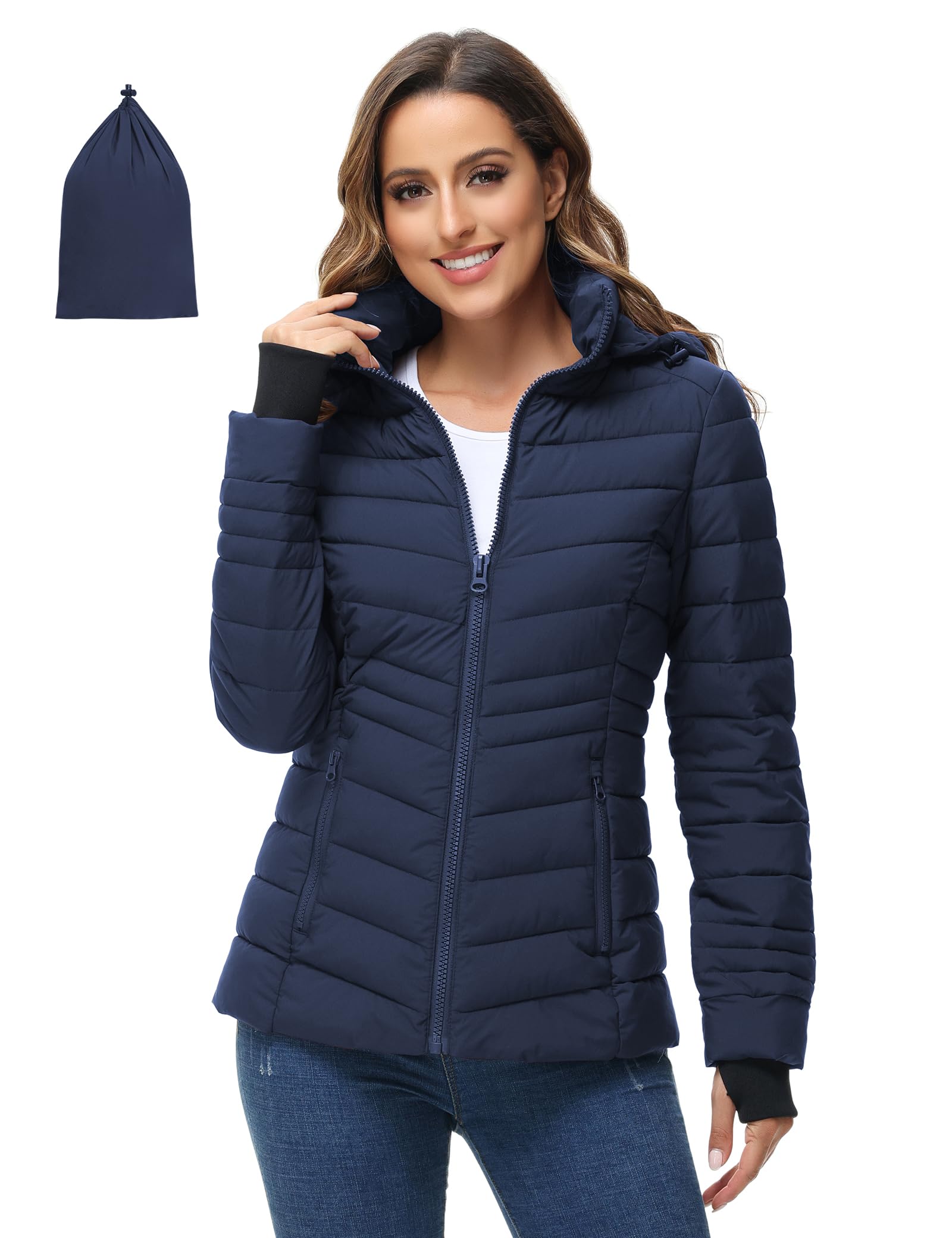 ROYAL MATRIX Women's Packable Puffer Jacket, Lightweight Puffer Jacket Winter Warm Quilted Puffer Jacket with Detachable Hood, Navy, Medium
