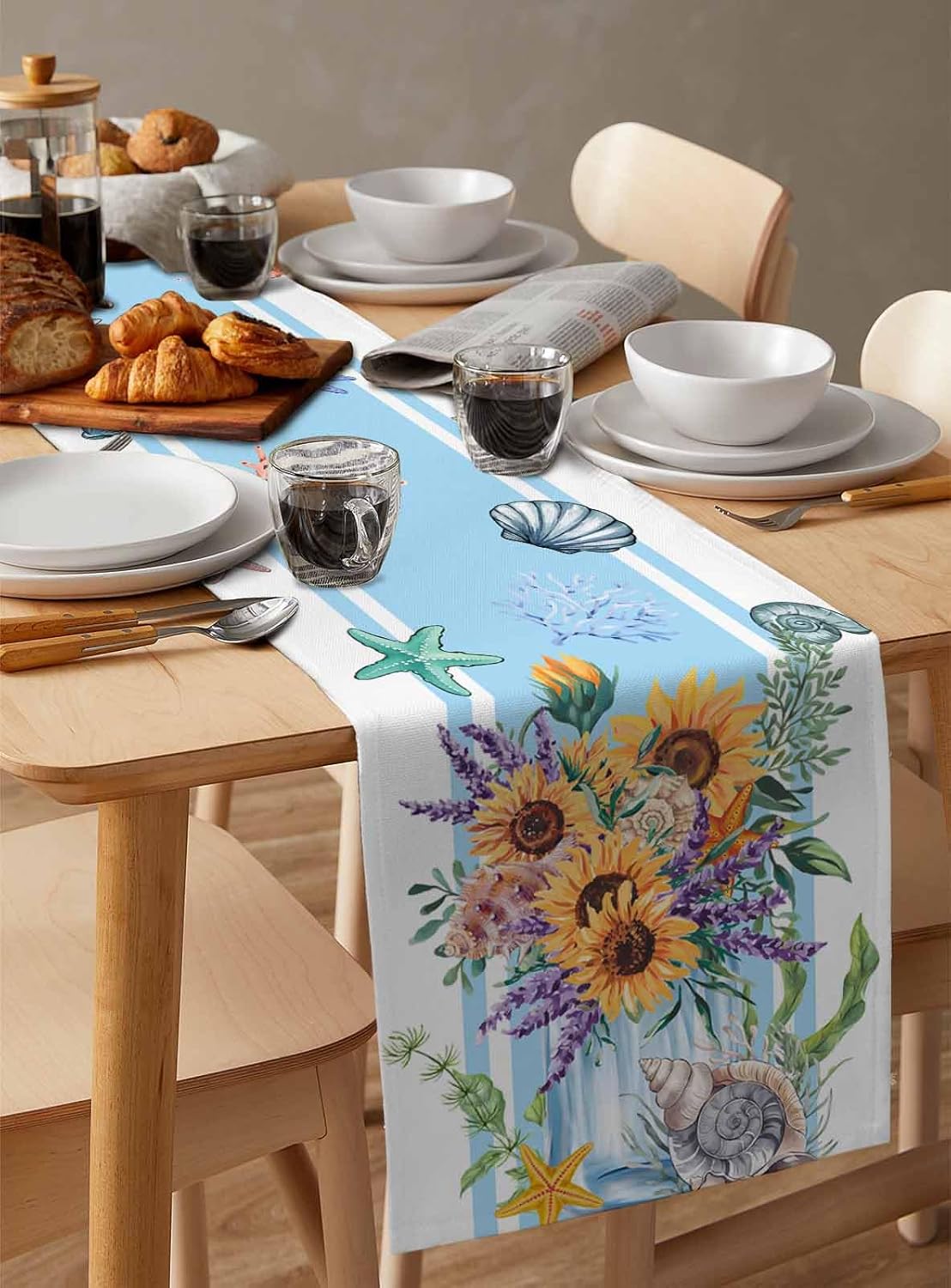 Ocean Table Runners 72 Inches Long Sunflower Coral Shell Starfish Table Runner for Family Dinner/Wedding/Outdoor Indoor Party, Cotton-Polyester Blend Dresser Scarf Table Decorations