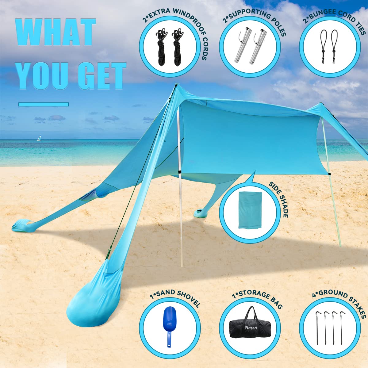 Tenda Portatile da Spiaggia con Protezione dai Raggi UV UPF 50+, Ancoraggi per la Sabbia e Barre in Alluminio per Cortile, Campeggio, Pesca e Picnic