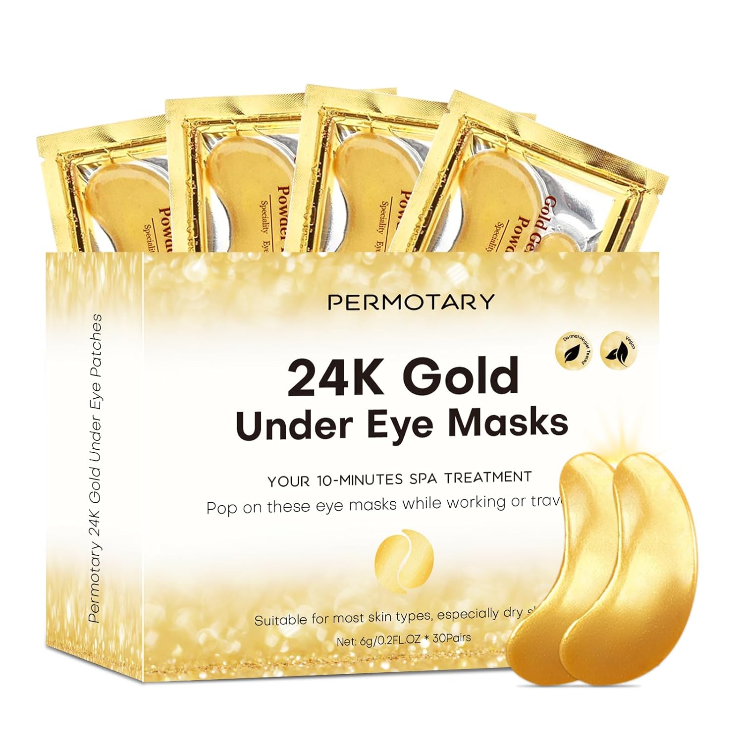 Permotary 30 Pairs Gel Crystal Collagen Under Eye Patches 24K Gold Eye Mask for Moisturizing Skin Lighten Dark