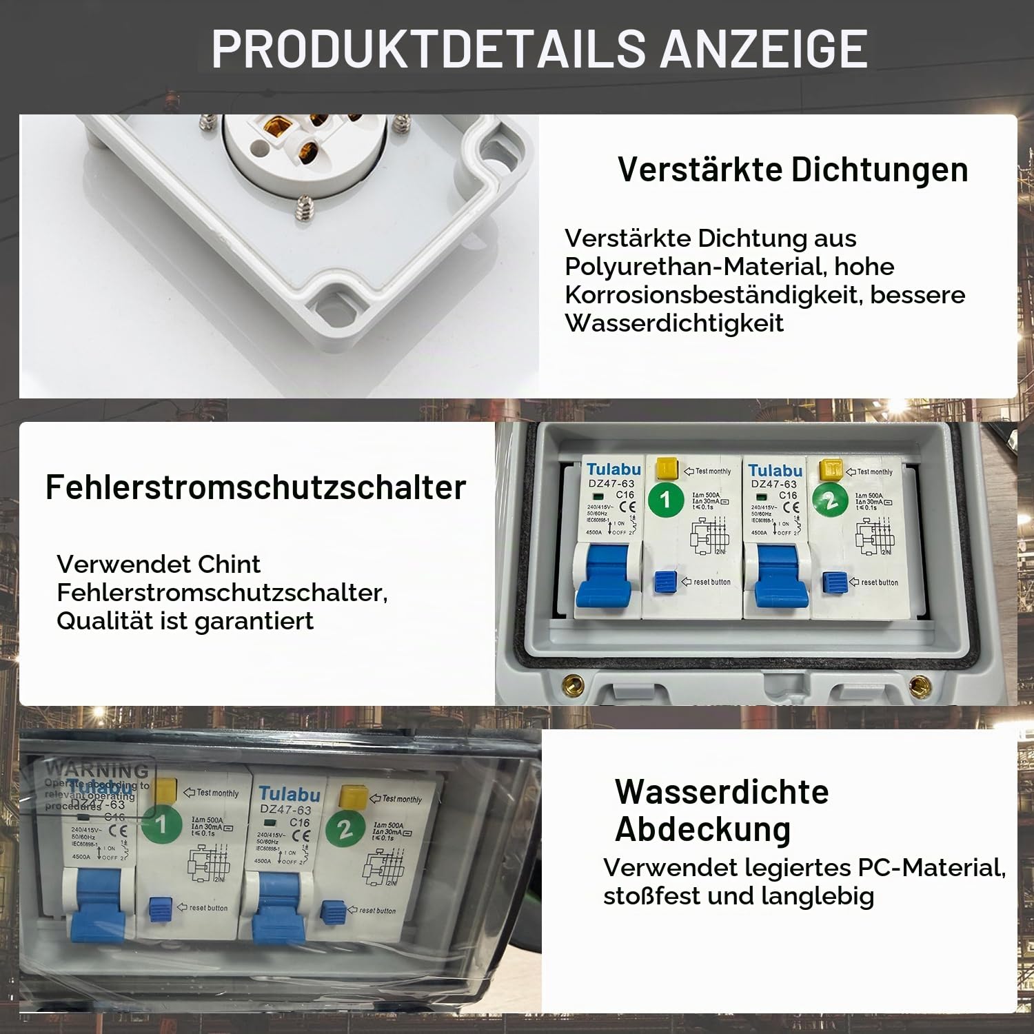 Stromverteiler 16A, 2-fach 230V mit FI-Schalter, IP54