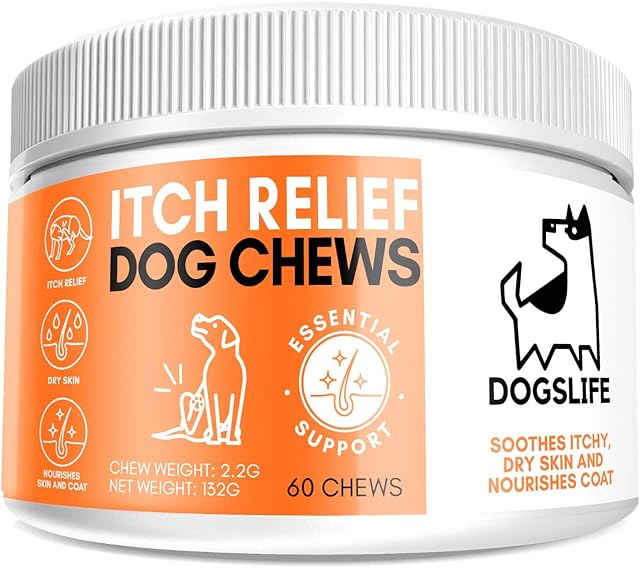 Itch Relief For Dogs | Anti Itch Dog Supplement To Relieve Itching & Soothe Irritated Skin | Omega 3 Chews For Healthy Skin + Coat | UK Veterinarian Formulated