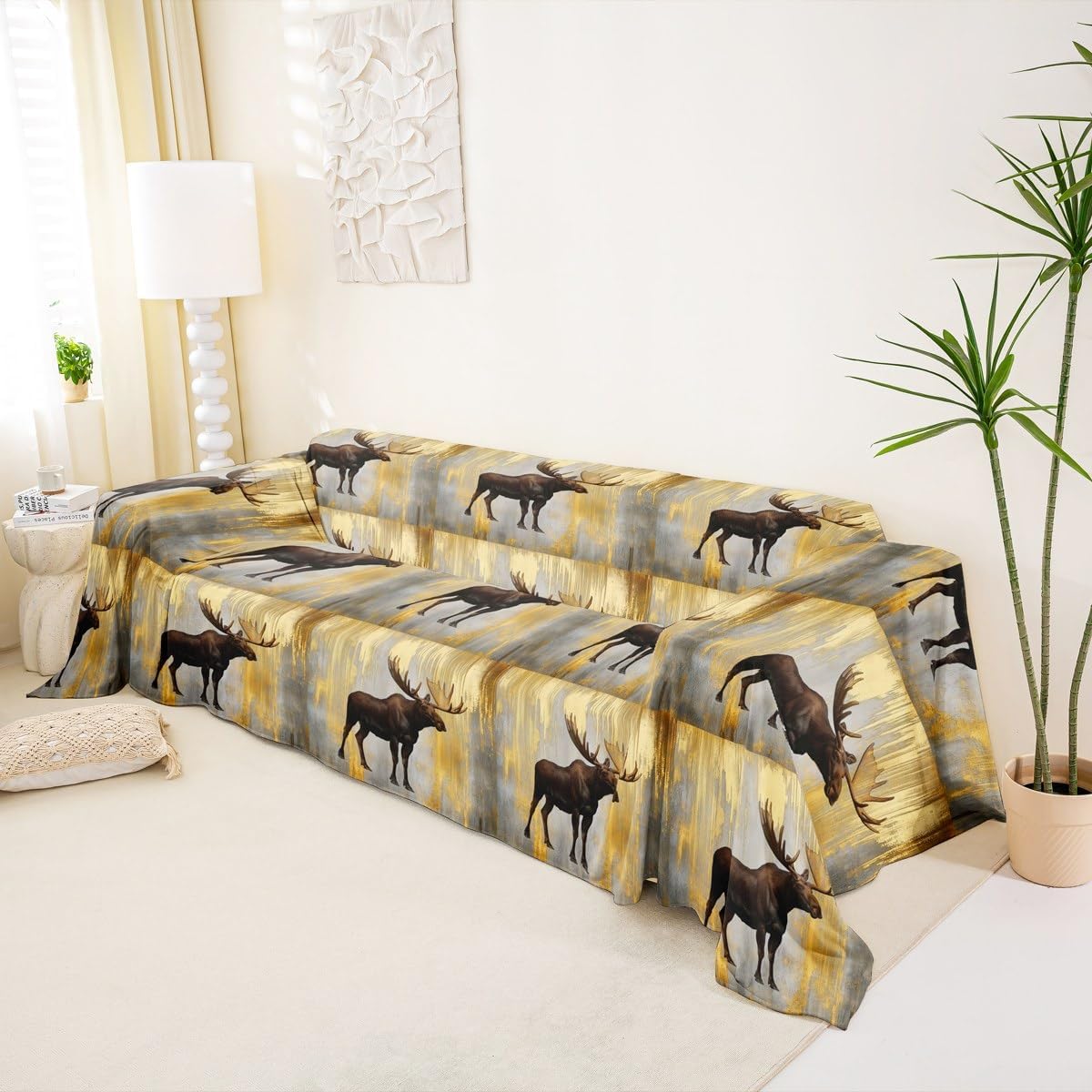Erosebridal Moose Soft Sofa Cover 71" x 118" Rustic Woodland Wildlife Couch Blanket Country Farmhouse Deer Couch Cushion Cover Decor Old Golden Painting Cat Proof Sofa Slipcovers Vintage Cabin Decor