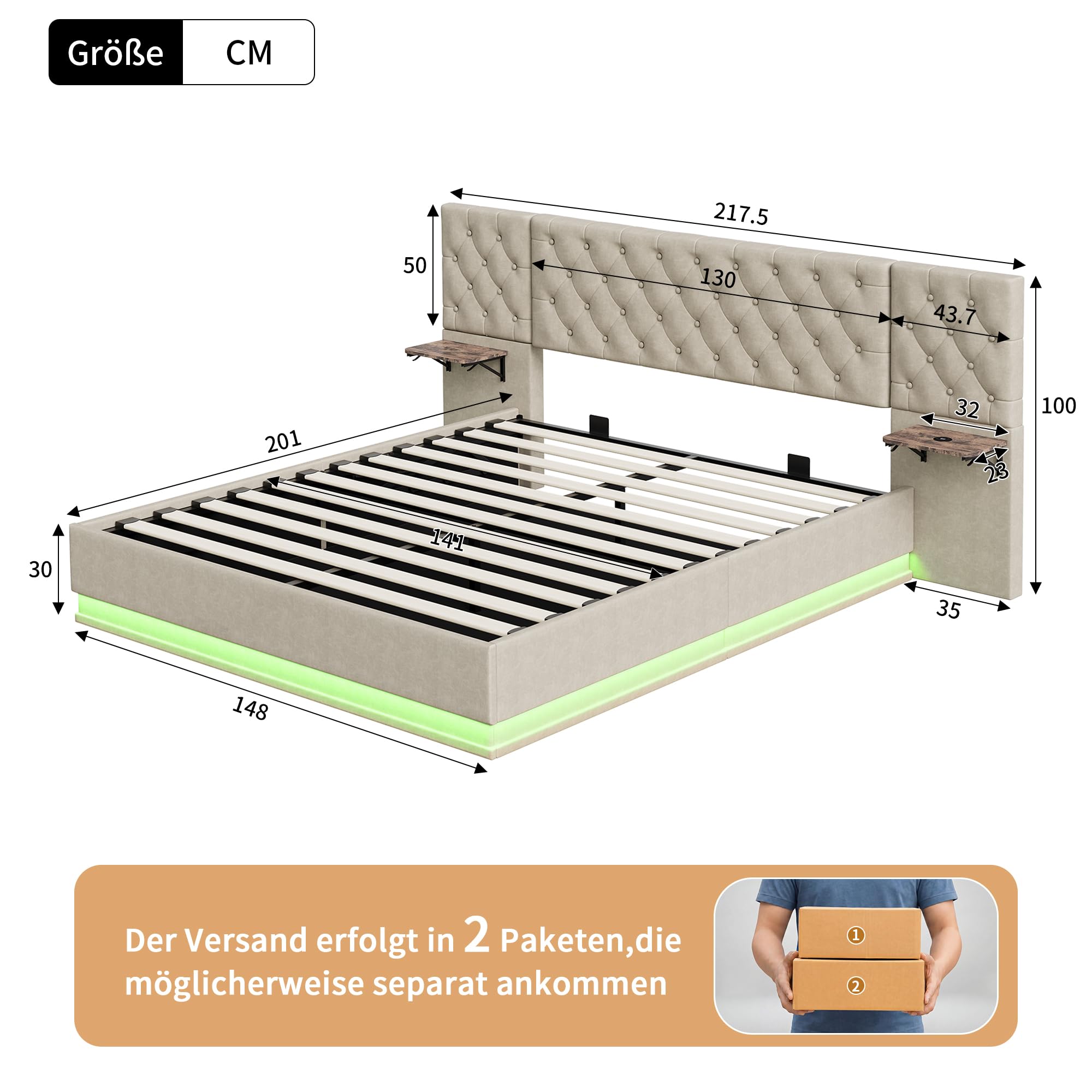 Bett 140x200 mit Bettkasten, Polsterbett mit LED und USB, Doppelbett mit Langem Kopfteil mit Ablage, Jugendbett, Boxspringbett Bettgestell mit Lattenrost, Leinen, Beige, ohne Matratze