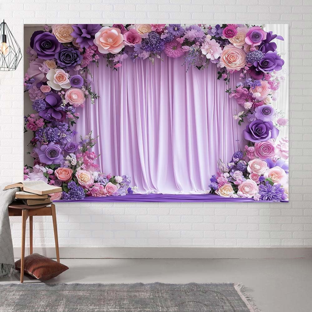 8X6ft Purple Flower Wall Background Photography Lavender Backdrop for Parties Wedding, Girls Birthday Princess Weeding Bridal Shower Purple Floral