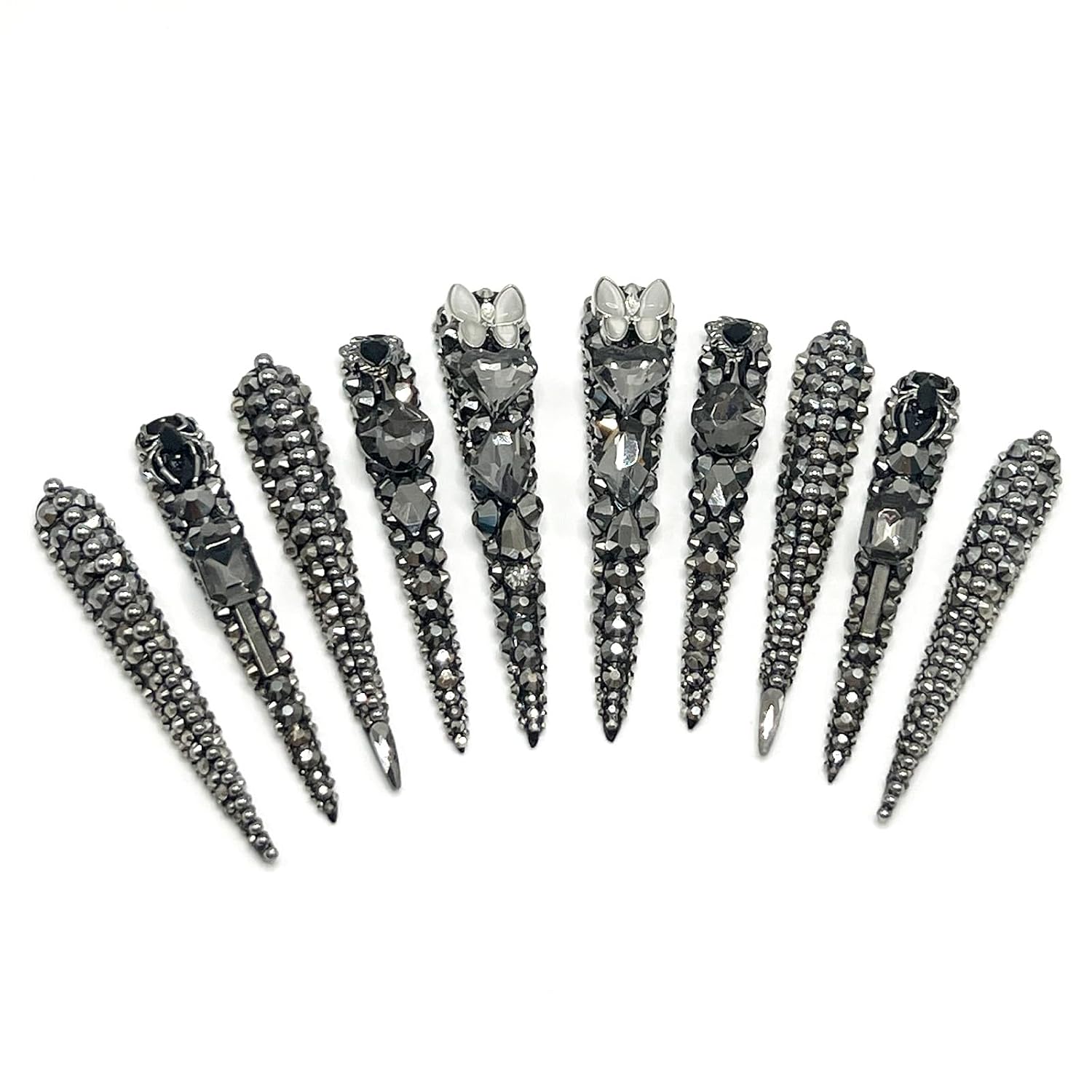 Handcrafted Black Crystal Press On Nails, Reusable Extra Long 70mm Stiletto Artificial Nails, Original Designs Full Rhinestone Decor Hard-Wearing Fake Nails (Small)