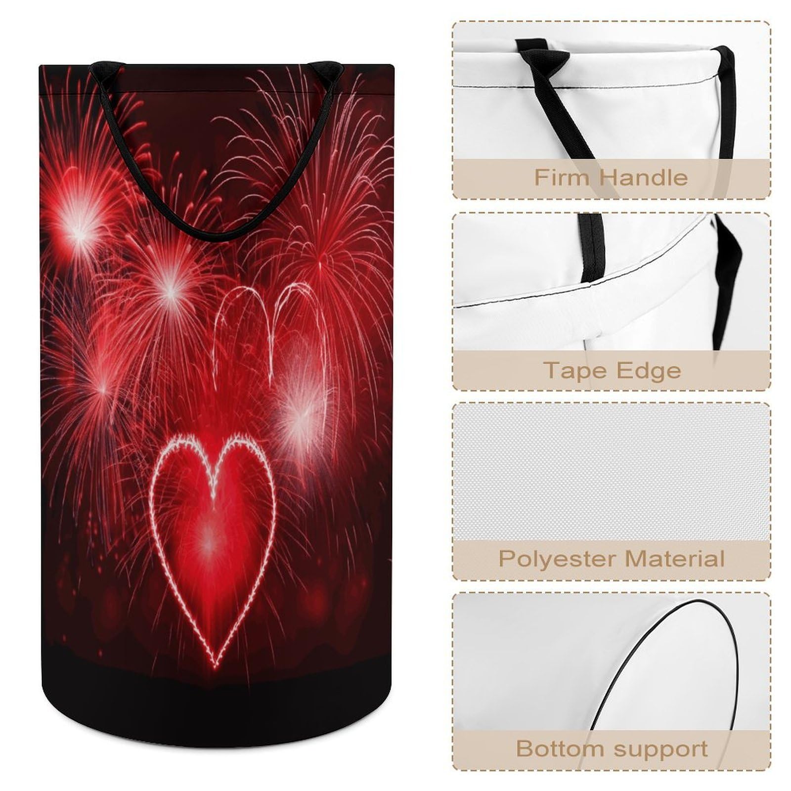 Red Hearts Fireworks - Cesta grande para ropa sucia, cesta de almacenamiento para asas de fácil transporte, cesta grande con asas, cubo de almacenamiento de ropa, organizador de juguetes para baño