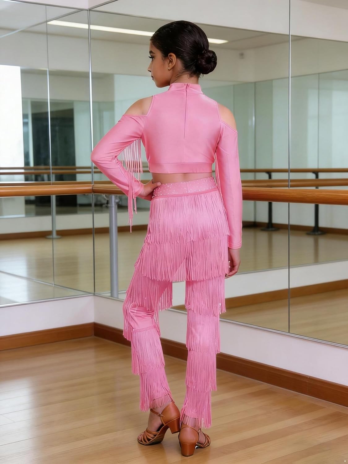 Shinsto Kids Girls 2 Piece Latin Ballroom Dance Outfits Tassel Crop Tops with Fringe Pants Set Dancewear Pink 8 Years