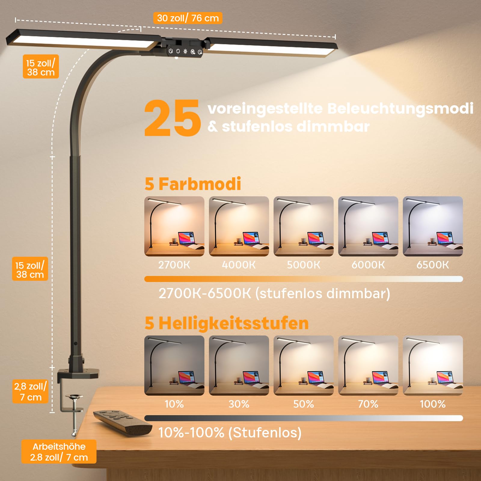SIBRILLE Lámpara de escritorio de doble cabeza LED regulable, 22 W 80 cm, lámpara de luz diurna con mando a distancia, lámpara de mesa giratoria, protección ocular, cuello de cisne